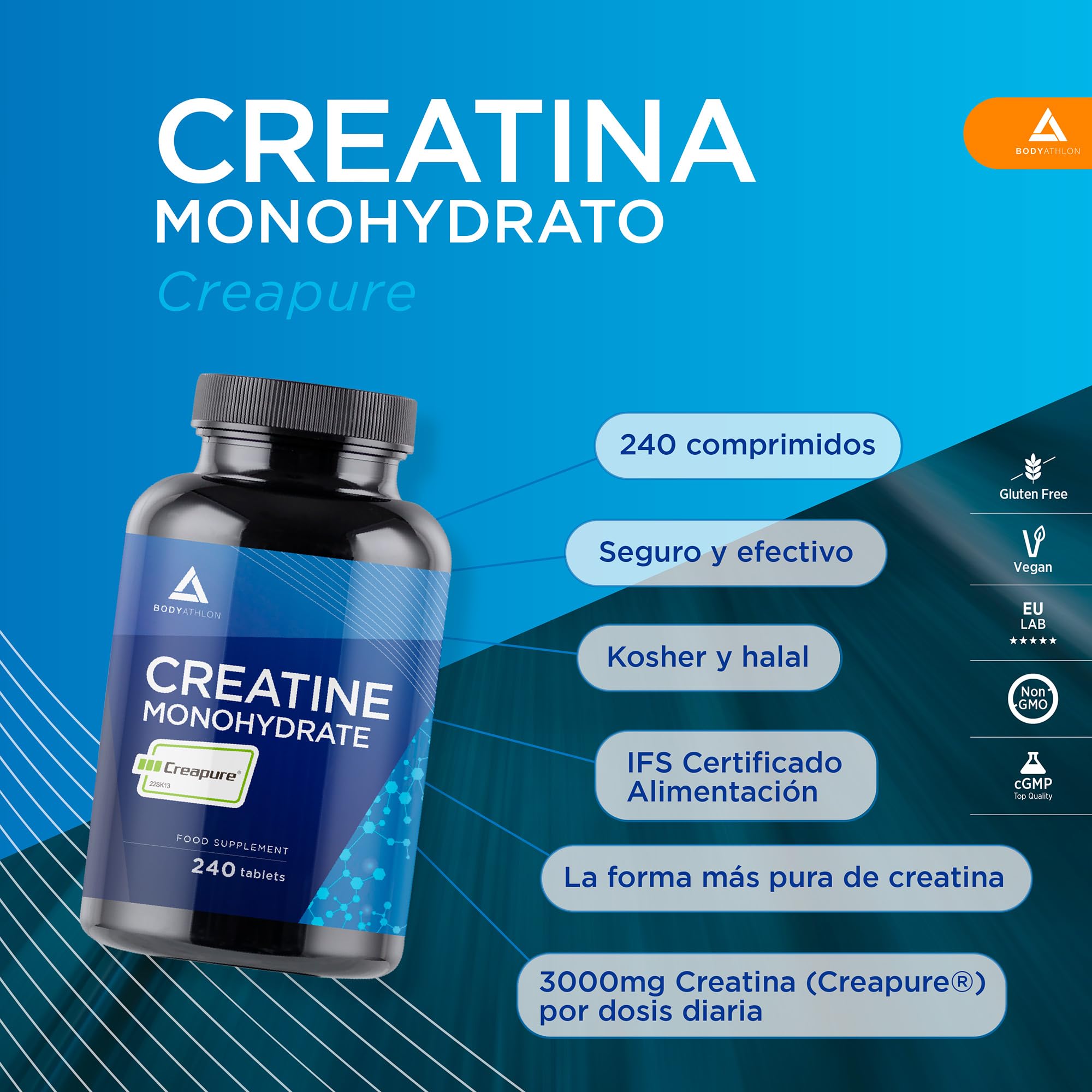 Creatina CREAPURE Monohidrata 240 comprimidos- Calidad garantizada, Vegano- Aumenta tu masa muscular fuerza y resistencia - Creatina Monohidratada Pura 3000mg- Comprimidos solubles- Bodyathlon
