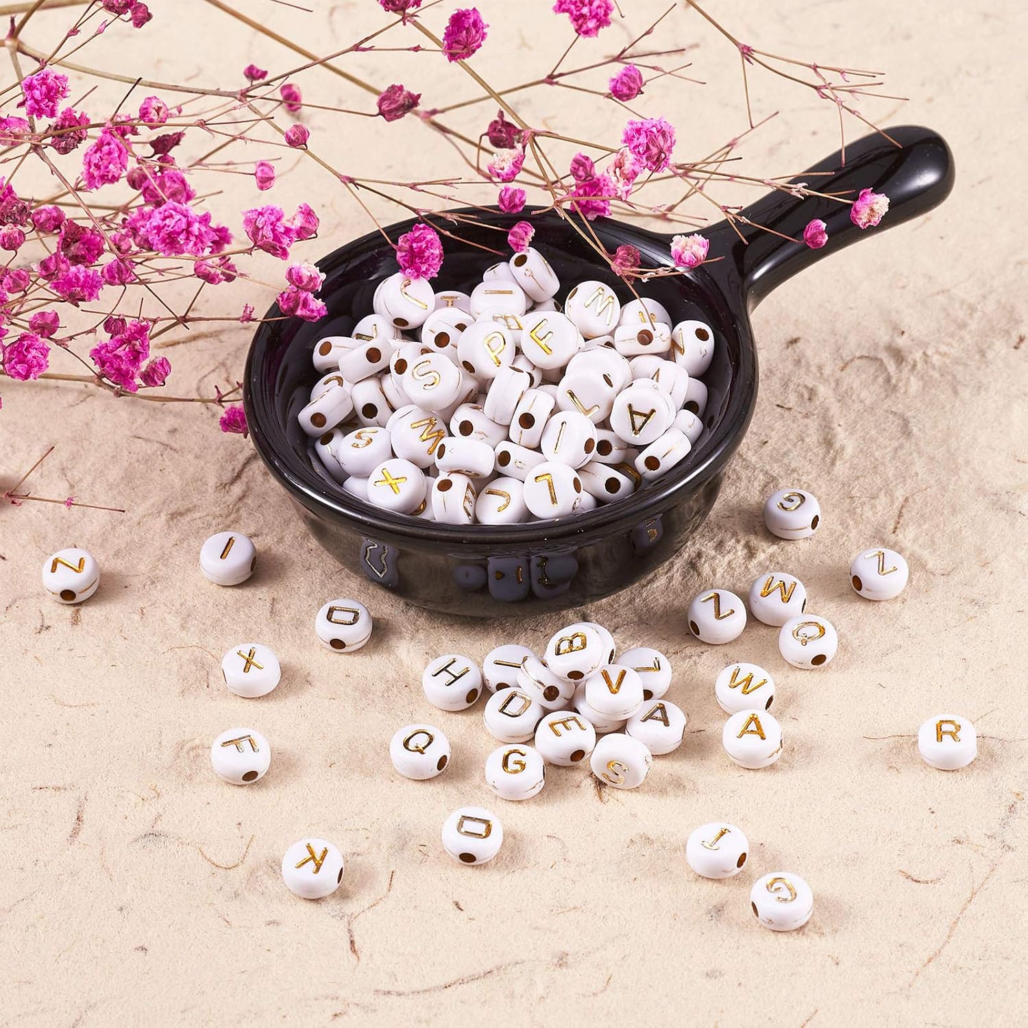 Beadthoven 200 Pieces White Gold Acrylic Alphabet Beads Flat Round A-Z Letter Loose Spacer Beads 7x4mm for Craft Jewelry Necklace Making Hole: 1.8mm - Image 4