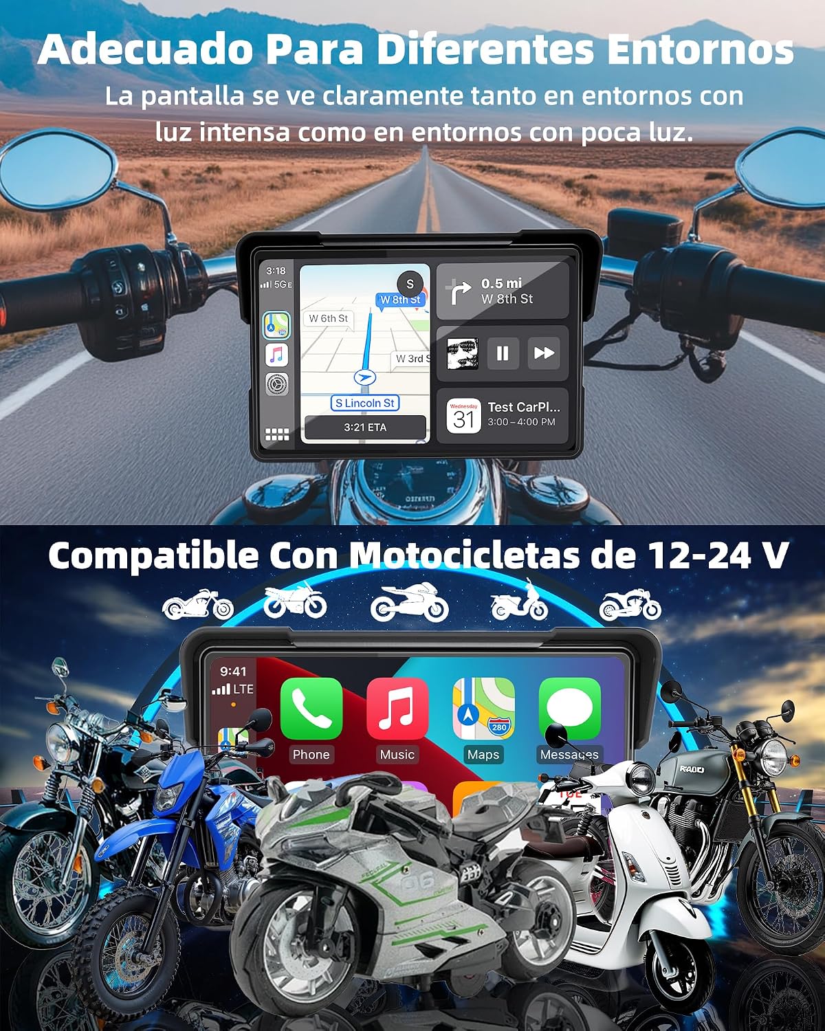Jansite 7 Pulgadas Carplay Moto Android Auto GPS Moto Navegador con Doble Bluetooth Impermeable IP67 Tarjeta Carplay para Moto Siri/Google/Navi 8