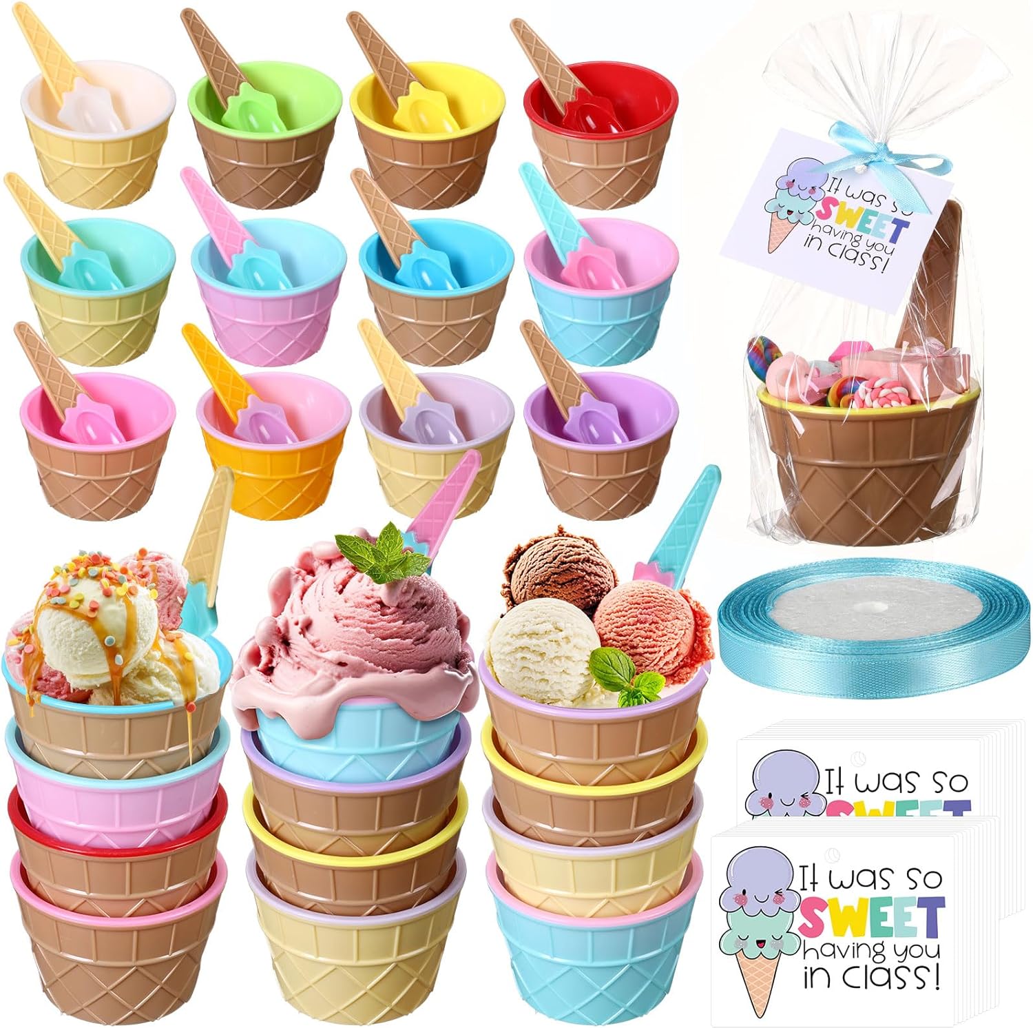 Sieral 24 Sets End of Year Gift Including 24 Pcs Ice Cream Bowls and Spoons 24 Pcs Cards with Plastic Bags and 1 Roll Ribbon for Prizes Summer Birthday Ice Cream Party