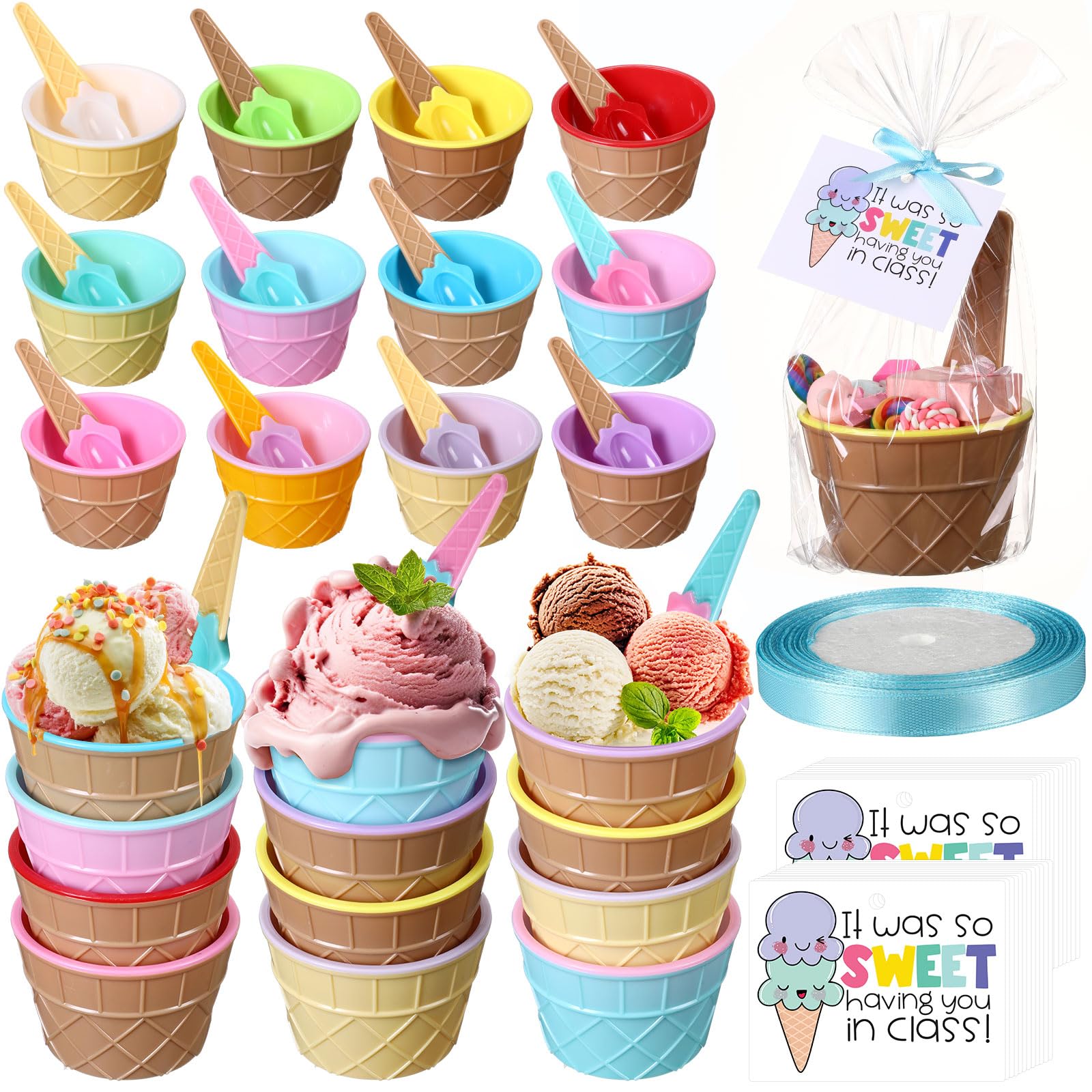 Sieral 24 Sets End of Year Gift Including 24 Pcs Ice Cream Bowls and Spoons 24 Pcs Cards with Plastic Bags and 1 Roll Ribbon for Prizes Summer