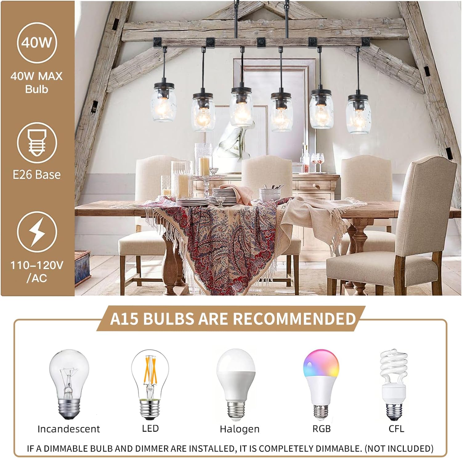 Farmhouse Kitchen Island Lighting, Mason Jar Chandelier, 6-Light Linear Rustic Chandelier, 30" Black Retro Imitative Wood Finish Pendant Light with Clear Glass Globes,Dining Room Bar Pool Table