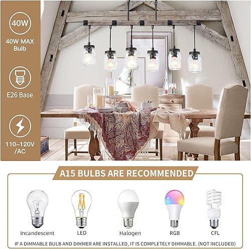 Miniatura 3 de Iluminación de isla de cocina de granja, candelabro de tarro de masón, candelabro rústico lineal de 6 luces, lámpara colgante de 30 pulgadas con