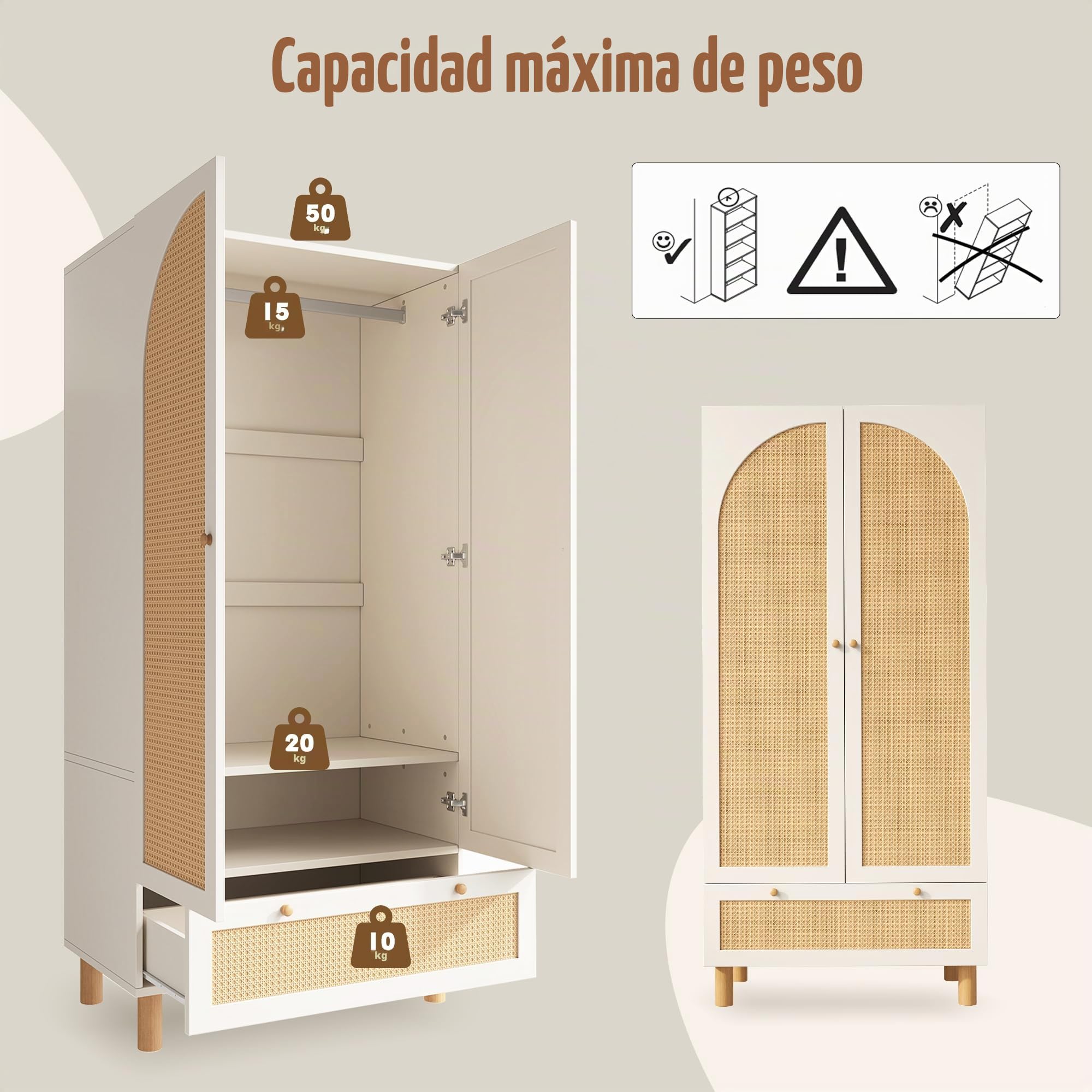Armario con 2 puertas y ratán, estilo rústico, color blanco, con cajón grande, estantes ajustables en altura y barra para ropa, incluye protección antivuelco, 180 x 85 x 52 cm (alto x ancho