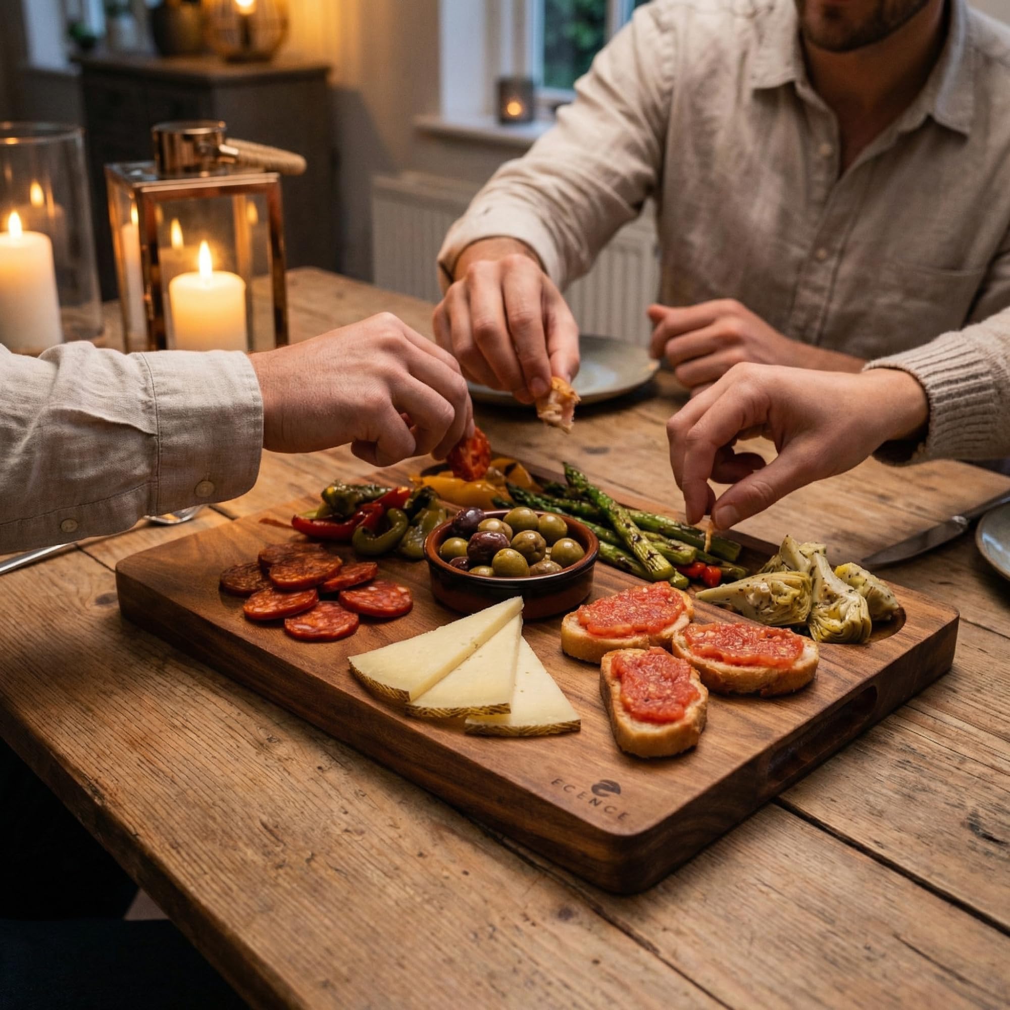 ECENCE Planche à découper en bois d'acacia - 40x30x3cm | utilisable des deux côtés, planche de cuisine haut de gamme avec rigole à jus et poignées latérales pour couper & servir