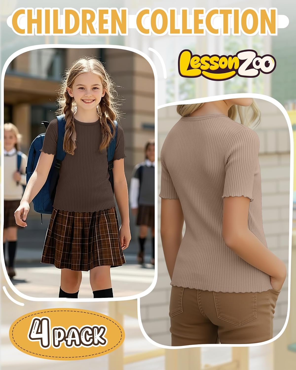 4 Pack Girls Short Sleeve Tops Ribbed Crew Neck T Shirts Lettuce Trim Cute Basic Tees for Kids Teen 5-14Y - Image 3