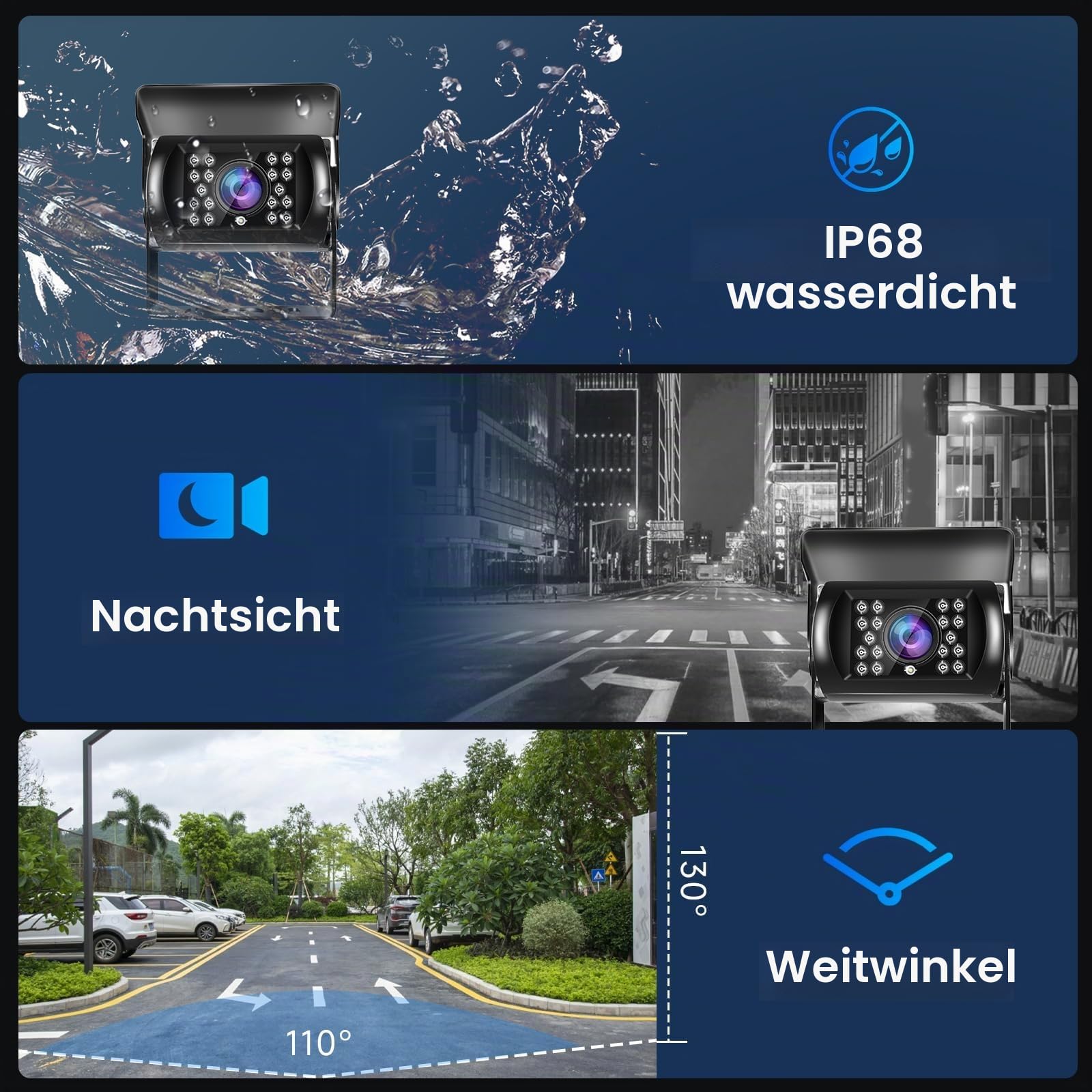 Rückfahrkamera mit 7 Zoll HD Monitor, Rückfahrkamera Auto unterstützt IP69 Wasserdicht IR Nachtsicht, Rückfahrkamera für LKW, Anhänger, Wohnwagen und Wohnmobil, 15M Kabel