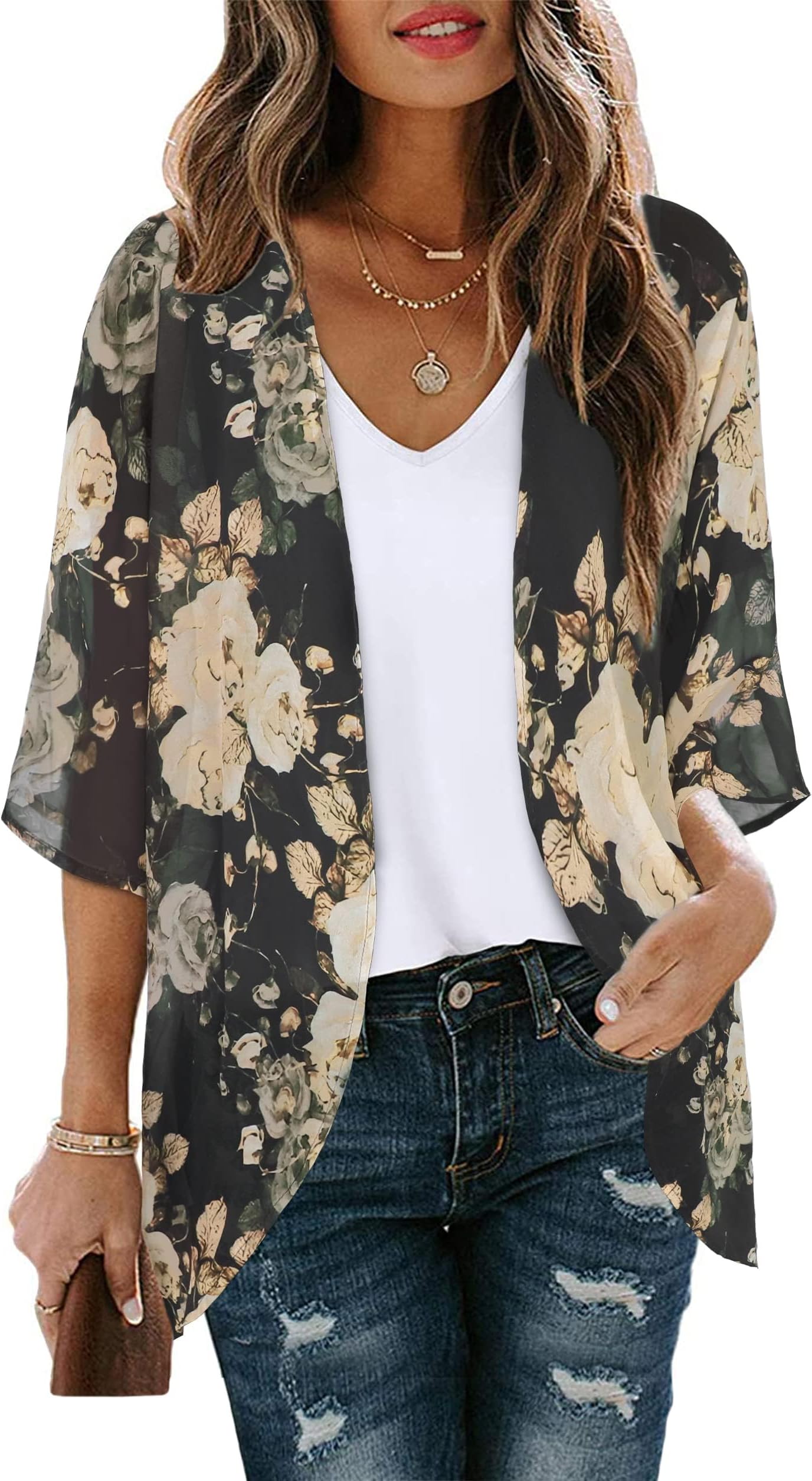 CHICGALWomen's Floral Print Puff Sleeve Kimono Cardigan Loose Cover Up Casual Blouse Tops
