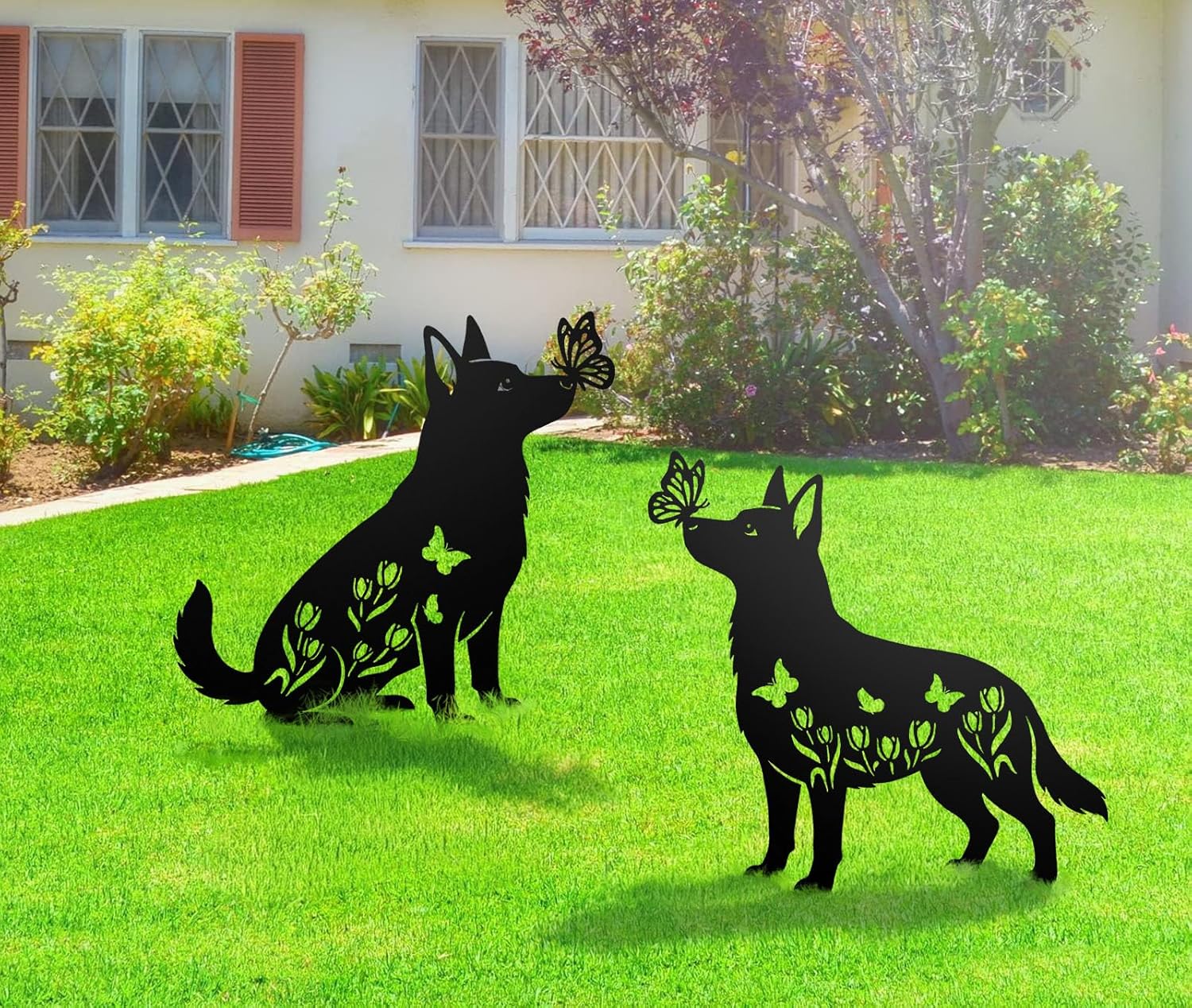 German Shepherd Metal Decorative Garden Stakes for Memorial Yard Art, Lawn Ornaments, Outdoor Decor 2 PCS