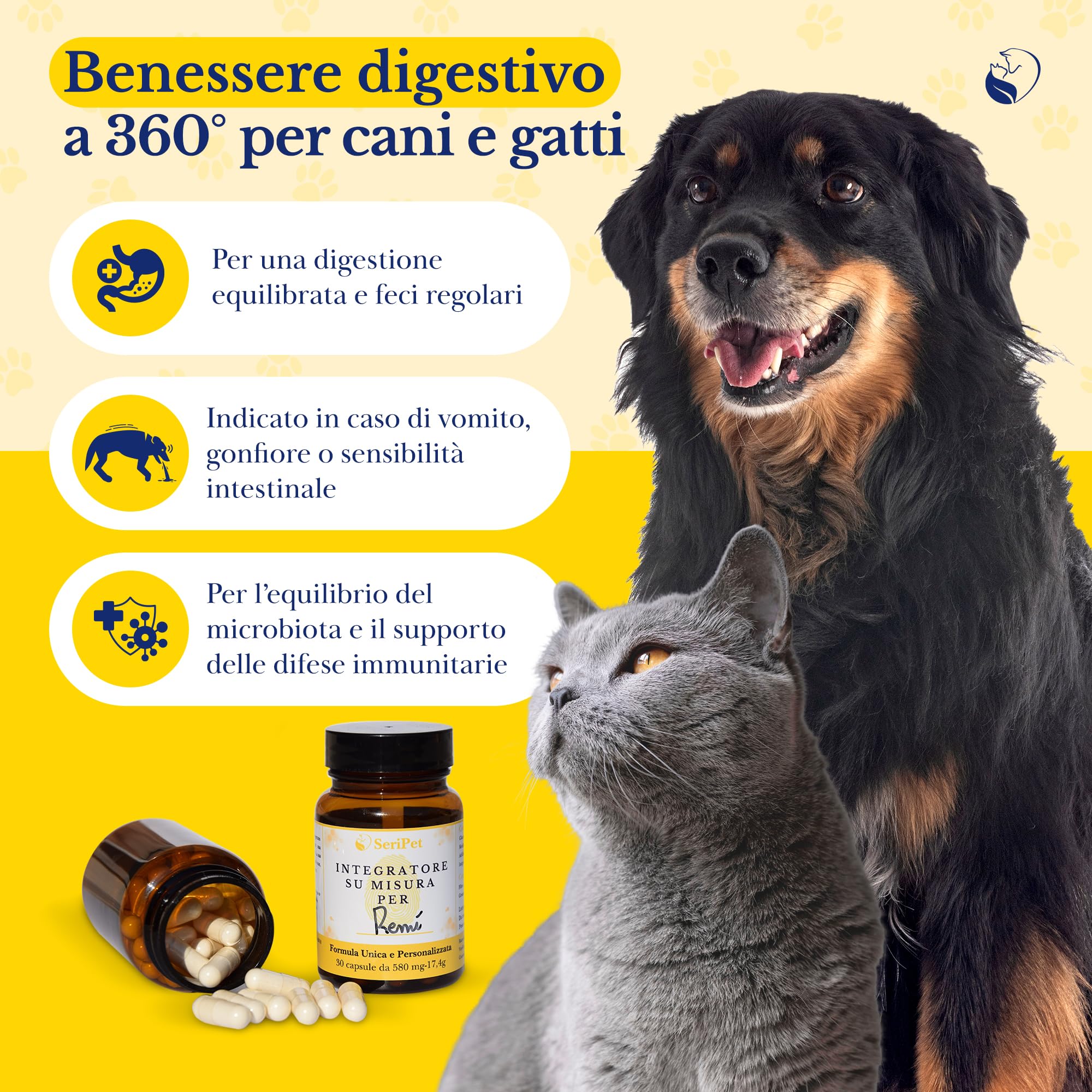 Integratore Disturbi Intestinali Personalizzato per Gatti – Vomito, Diarrea, Colite, Disbiosi o Gastrite – Probiotici e Prebiotici Naturali – 30 Capsule da 580 MG