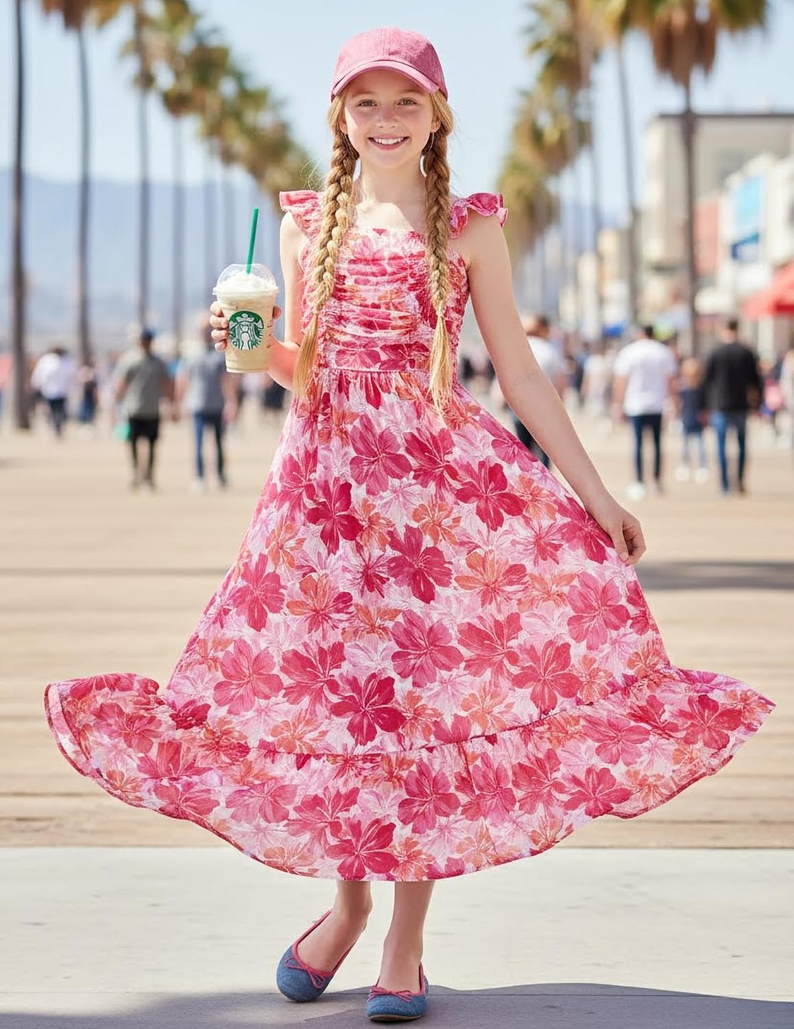 Sunny Spirit Girl's Summer Floral Dresses Kids Cute Ruffle Sleeve Smocked Flowy Dress 6-14 Years - Image 5