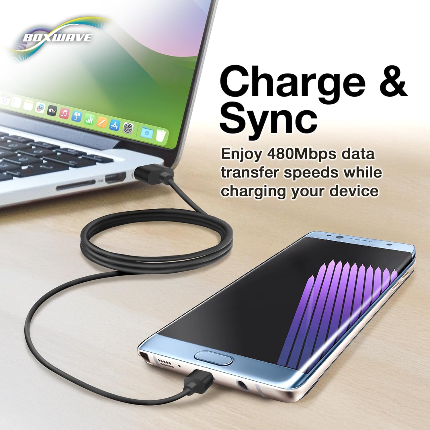BoxWave DirectSync Cable connecting a smartphone to a laptop for charge and sync