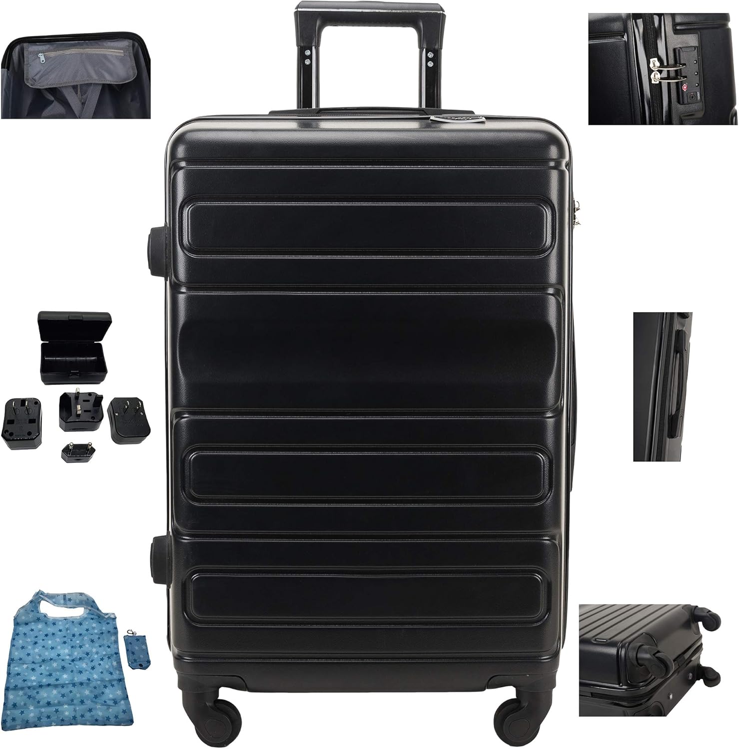  | Hardside Carry On Luggage, Spinner Suitcase, Black color with TSA Lock, Universal Travel Adapter and Multipurpose Foldable Bag by Nyftee | Suitcases