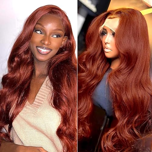 Reddish Brown Lace Front Wigs Human Hair 180% Density Body Wave 13x4 Transparent HD Lace Front Wigs Human Hair Pre Plucked Auburn Colored Lace Frontal Wigs Human Hair for Black Women 26 Inch