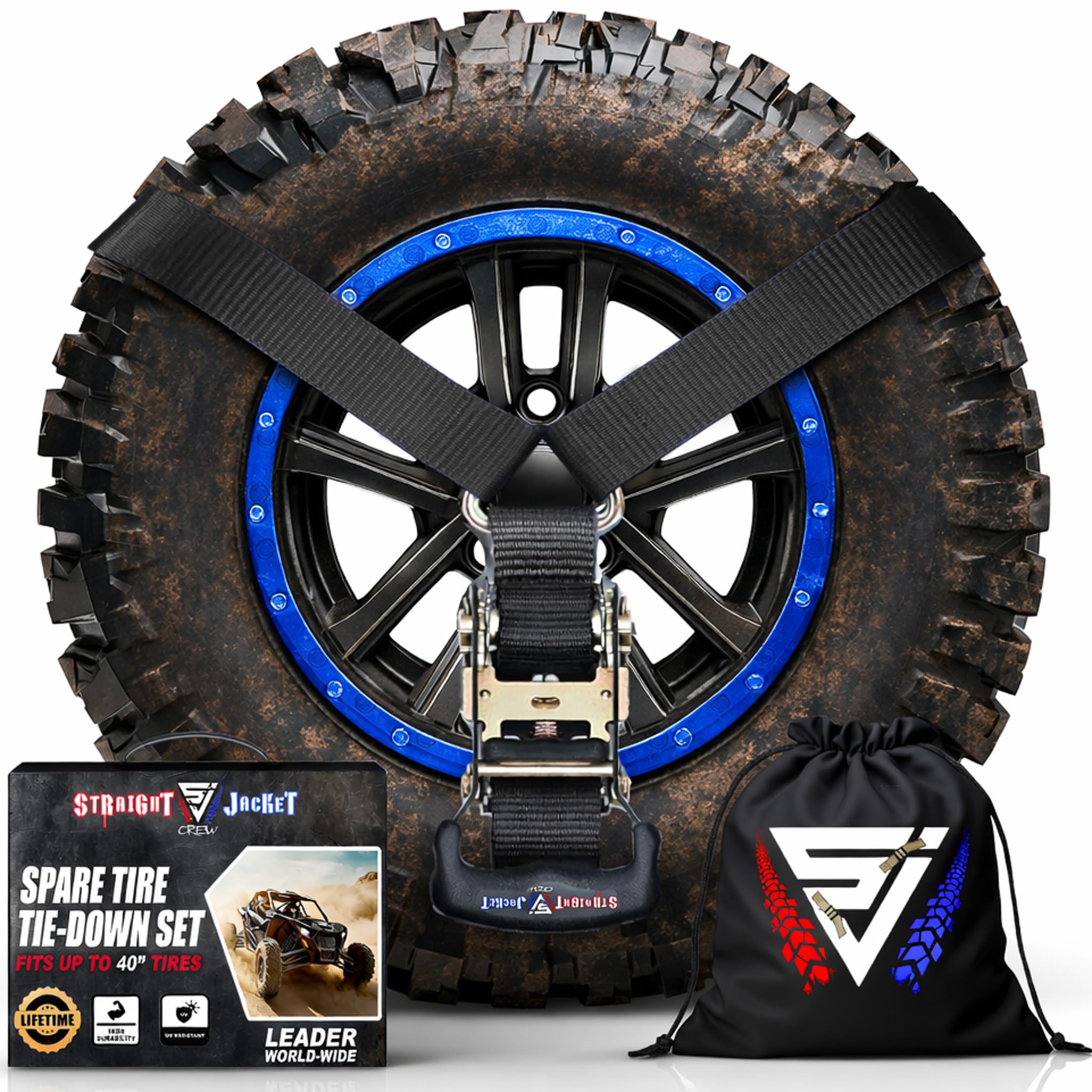 Y Strap for Spare Tire - Heavy Duty Spare Tire Strap for UTV, Offroad Accessories & Roof Rack, 3 Way Ratchet Strap Tie Down- 1.6" Wide, Can Secure Up to 40" Tire by Straight Jacket Crew (Black)