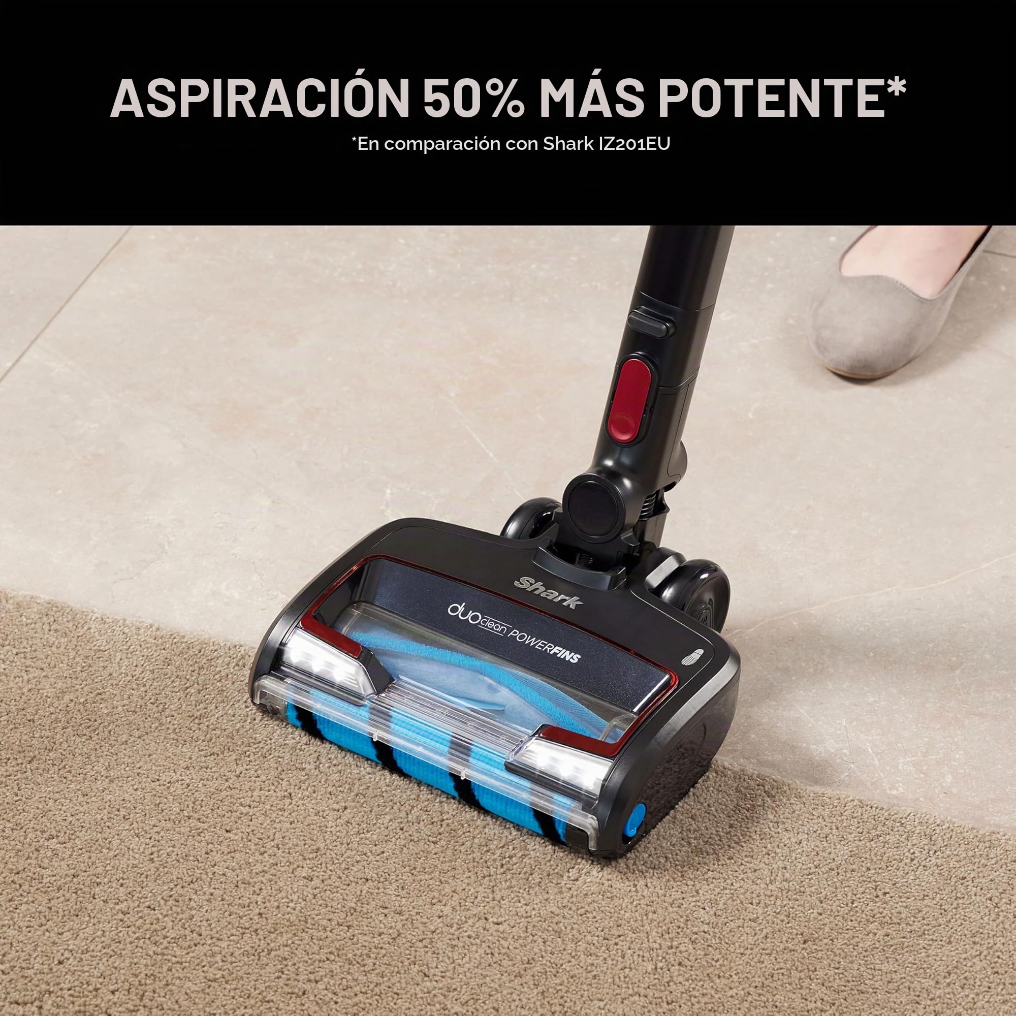 Shark Aspiradora sin cable, 60 min autonomía, Anti Hair Wrap y DuoClean flexible, minicepillo motorizado para pelo de mascota, cepillo multisuperficie, boquilla estrecha 20 cm, negro/rojo IZ300EUT