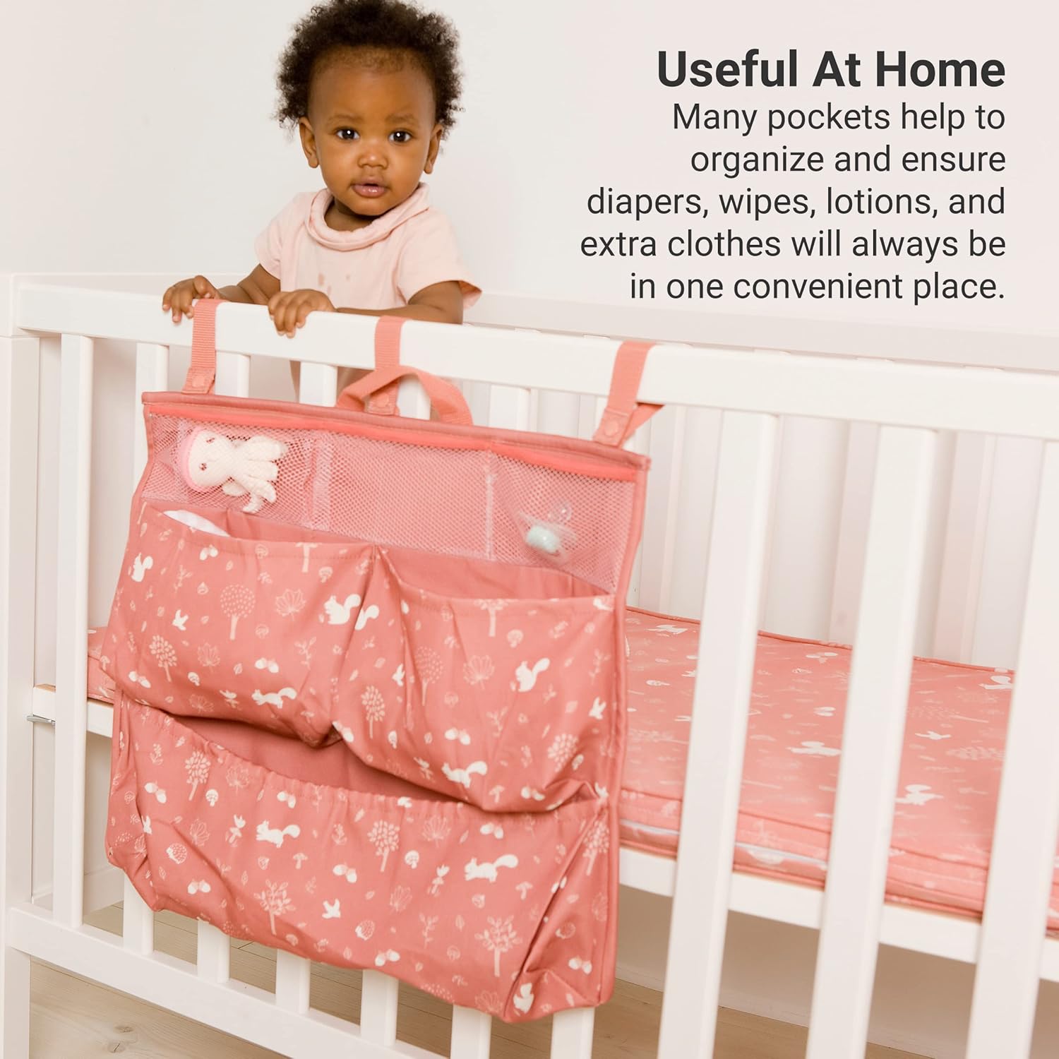 BabyToLove Crib & Caddy Organizer | Portable Hanging Storage for Diapers, Toys & Baby Care Items | Pink Forest