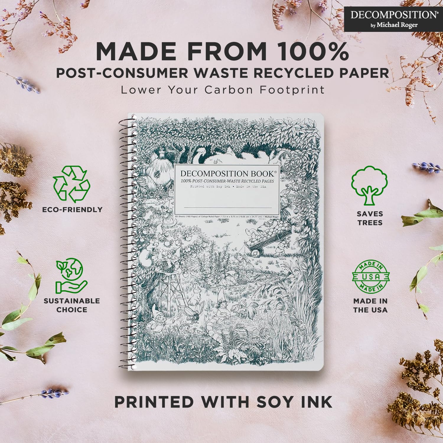 Decomposition Whimsical Garden Pack de 3 cuadernos de espiral con rayas universitarias – Diario de 24,8 x 19,1 cm, 160 páginas rayadas – Papel 100% reciclado – Cuadernos para material escolar, hogar y