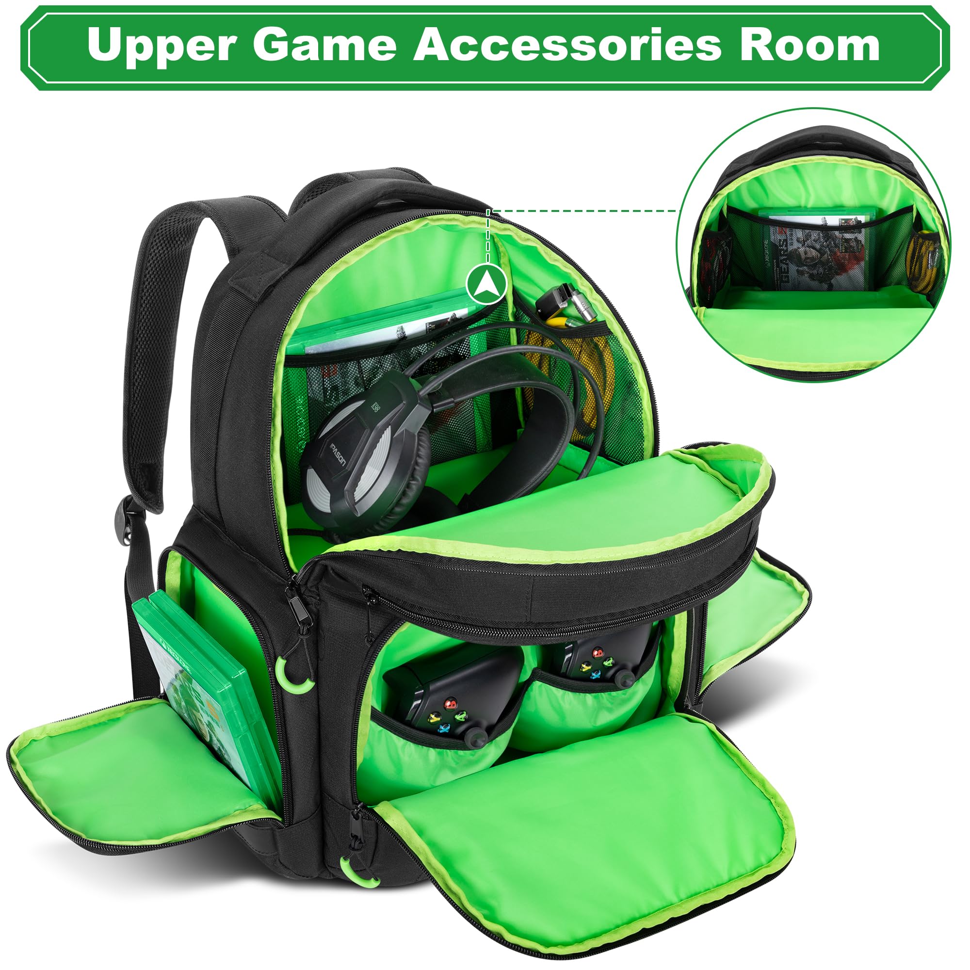 PGmoon - Mochila de transporte compatible con consola Xbox Series X/S, funda de transporte con espacio de almacenamiento separado para consola, auriculares, mandos, varios bolsillos para accesorios de