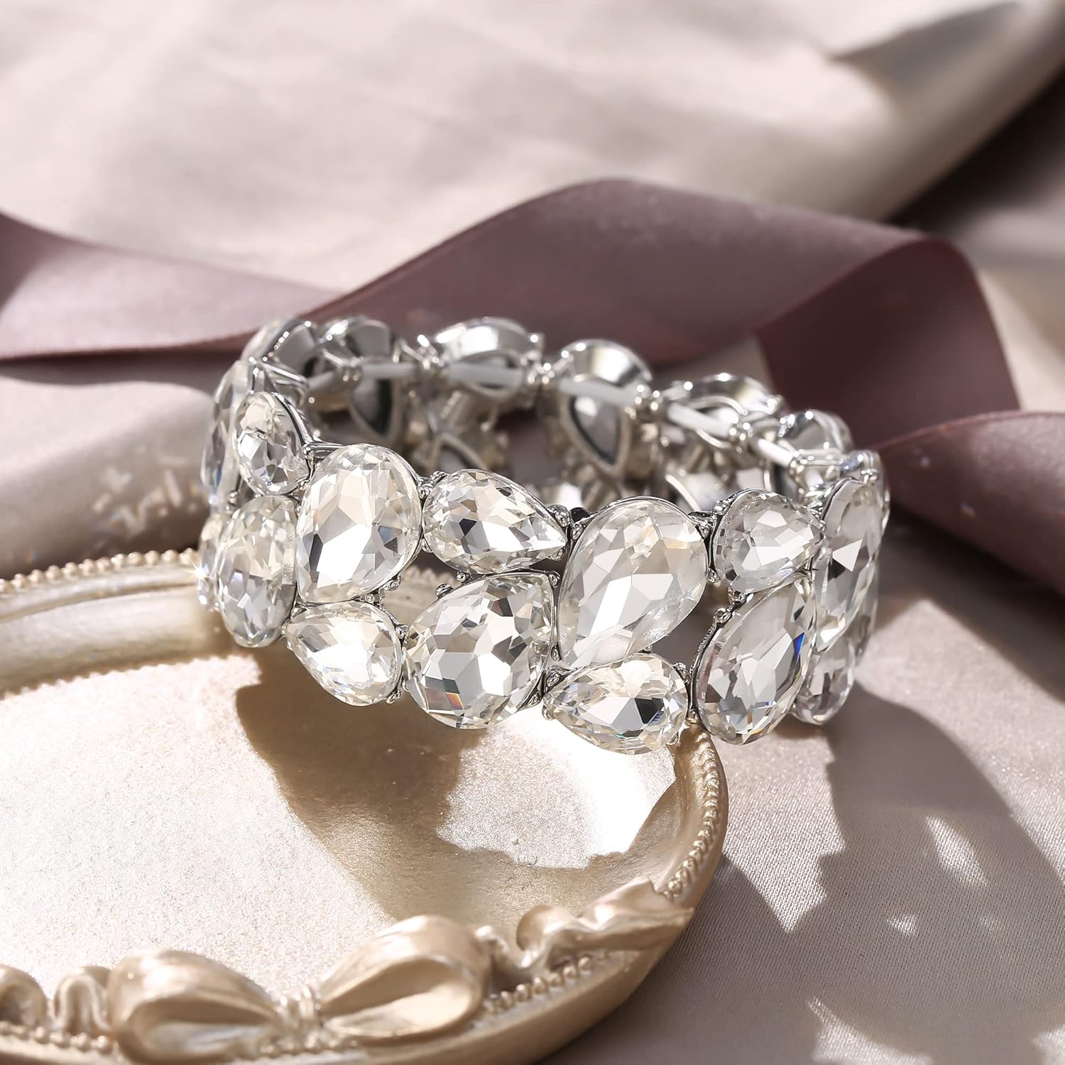 EVER FAITH Wedding Austrian Crystal Elastic Stretch Bangle Bracelet for Bride, Art Deco Elegant Taerdrop Vintage Party Wrist Jewelry for Woman - Image 3