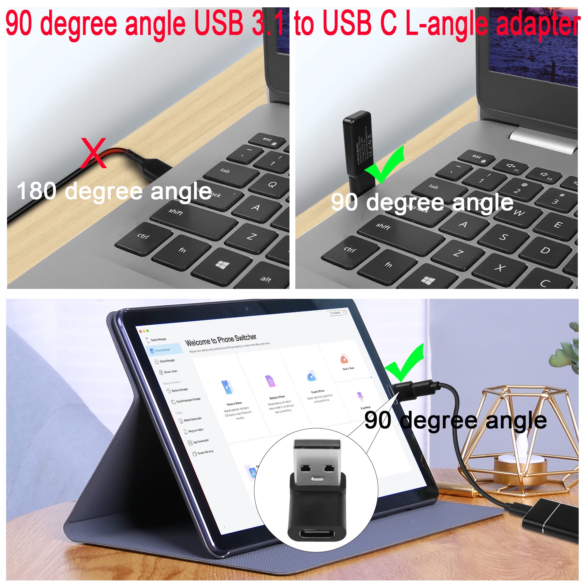 QIANRENON 90° Angle USB 3.1 Verse USB C Adapter 10Gbps USB A Mâle Vers