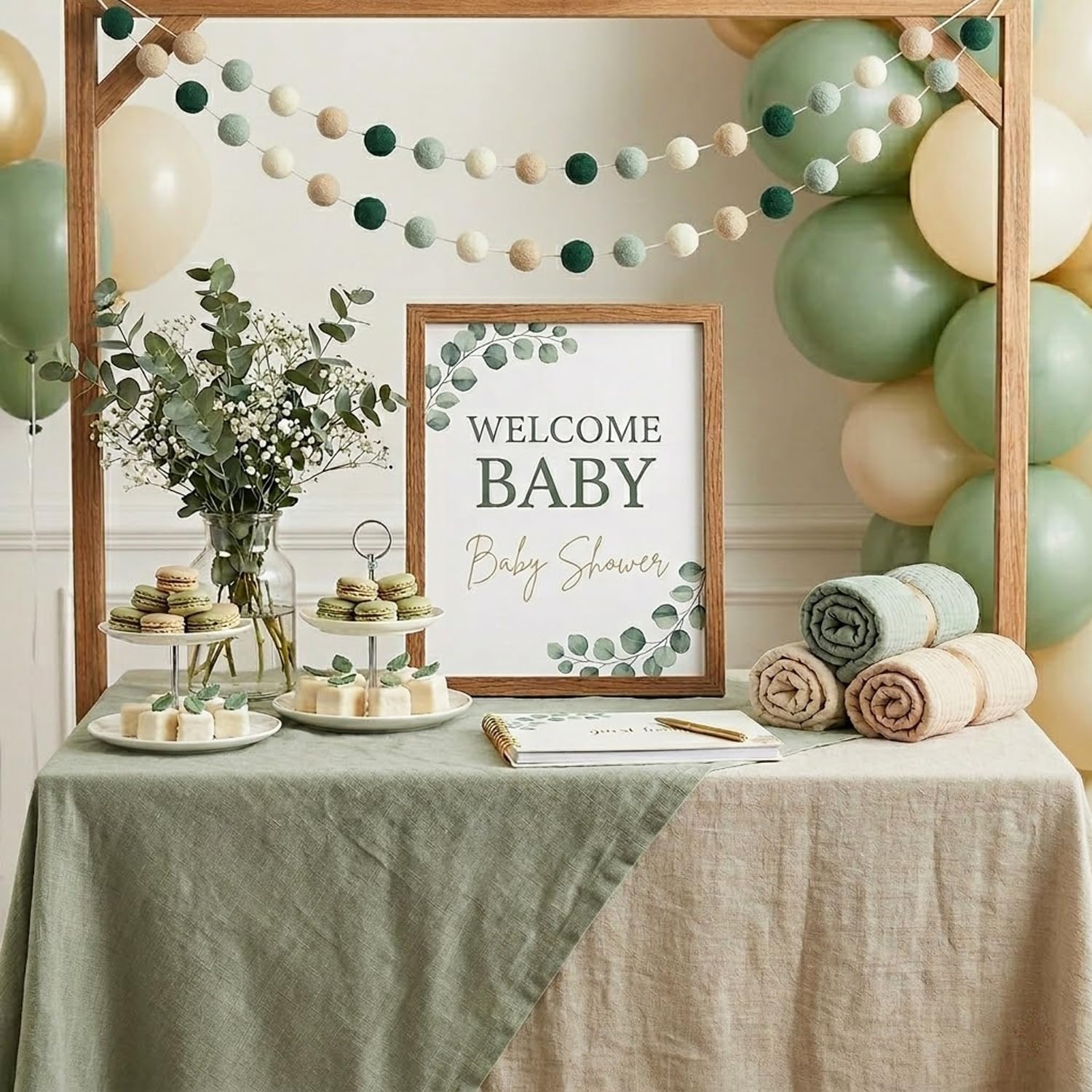 Boho Pom-Pom Felt Garland Sage Green - Set of 2, Sage Nursery Wall Decor, Baby Shower Wedding Backdrop, Christmas Fireplace Mantel, Gender Neutral