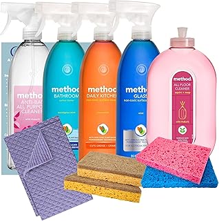 Cleaning Supplies Bundle With 5 x Method Cleaning Products (Floor, Glass, Kitchen & Bathroom Cleaner, and Antibacterial Spray), 2 x Swedish Dishcloth, 2 x Sponge Scourers and 2 x Cellulose Sponge