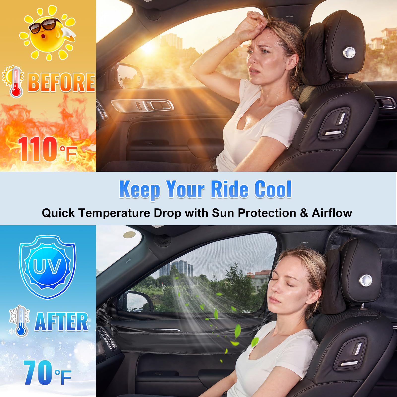 2 en 1 Parasol de Coche Mosquitera para Renault Captur 2019-2026, Ventanas Laterales Delantera y Trasera Parasol Coche Bebe Antimosquitos protección UV para bebés niños Adultos Mascotas