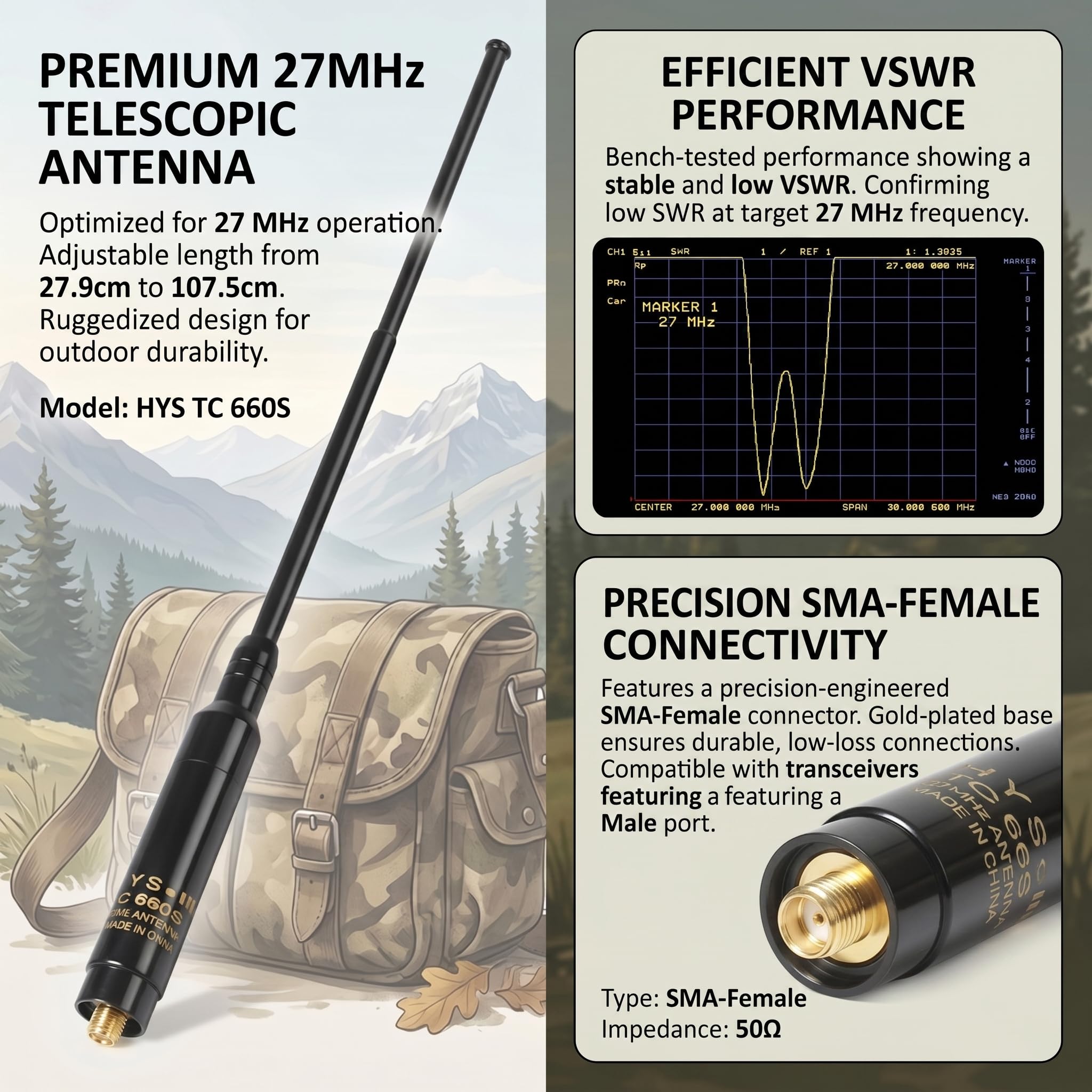 HYS Antenna radio 27Mhz CB, compatibile con Quansheng UV-K5 (8), K6, TK-11(5), TK-11(8) Radio portatile, SMA femmina, antenna telescopica (RH660)