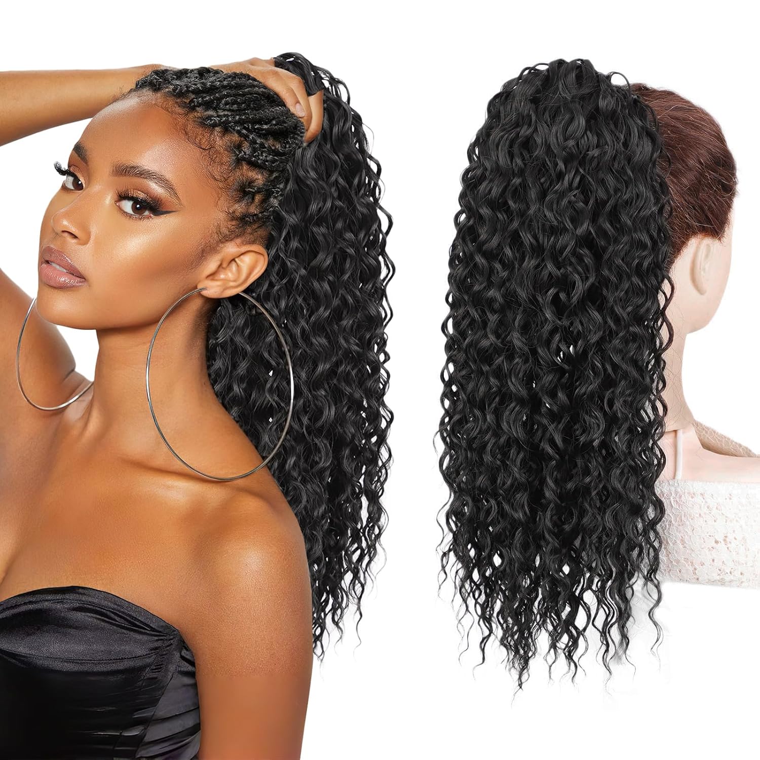 AISI BEAUTY Curly Drawstring Ponytail Hair Extension for Women,20 Inch Natural Synthetic Clip in Black Ponytail Extensions for Daily Party Use