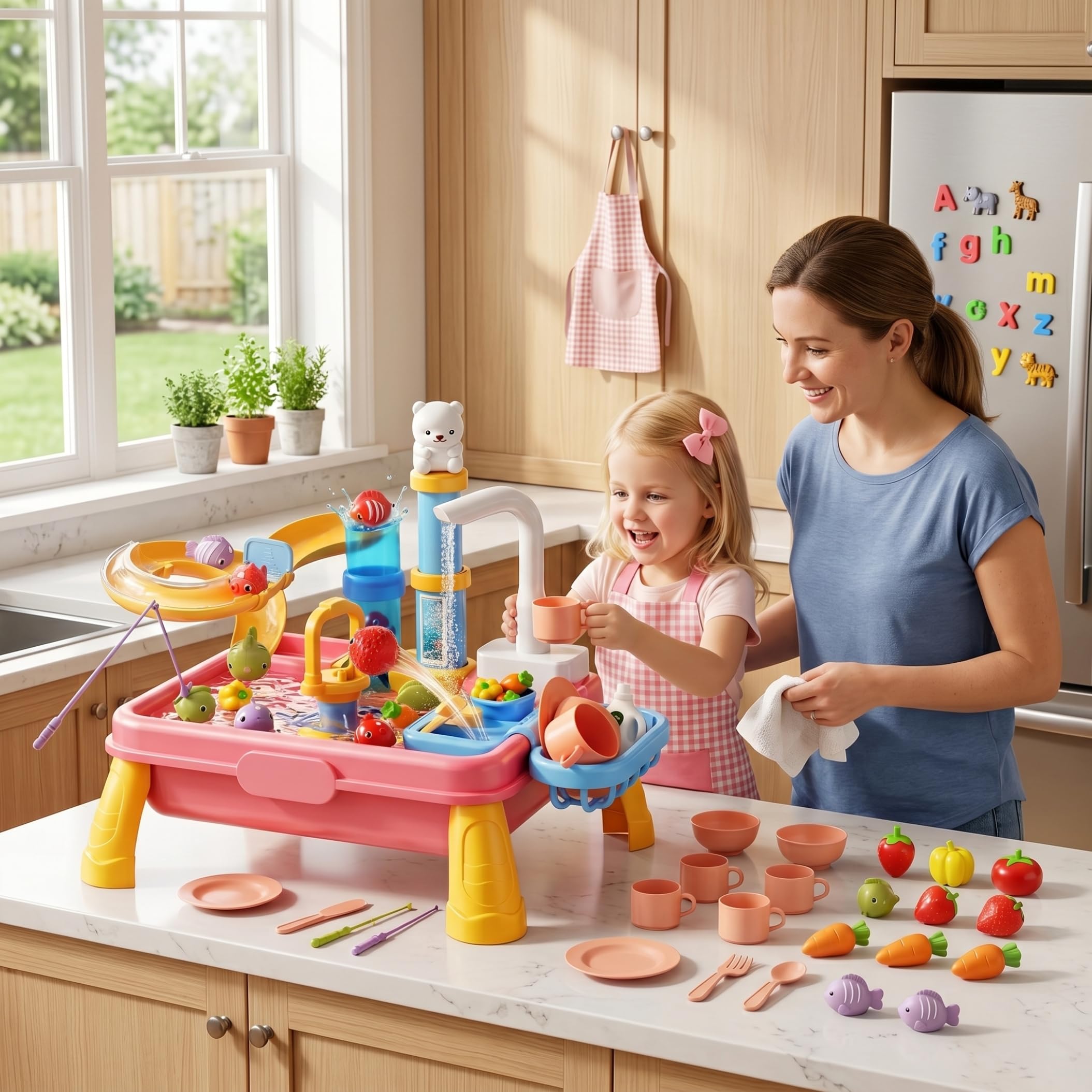 Fregadero de Juguete Mesa de Actividades acuáticas alimentada por batería Juego de simulación Interactivo Juguete de Cocina con Ciclo de Agua automático Estilo-1