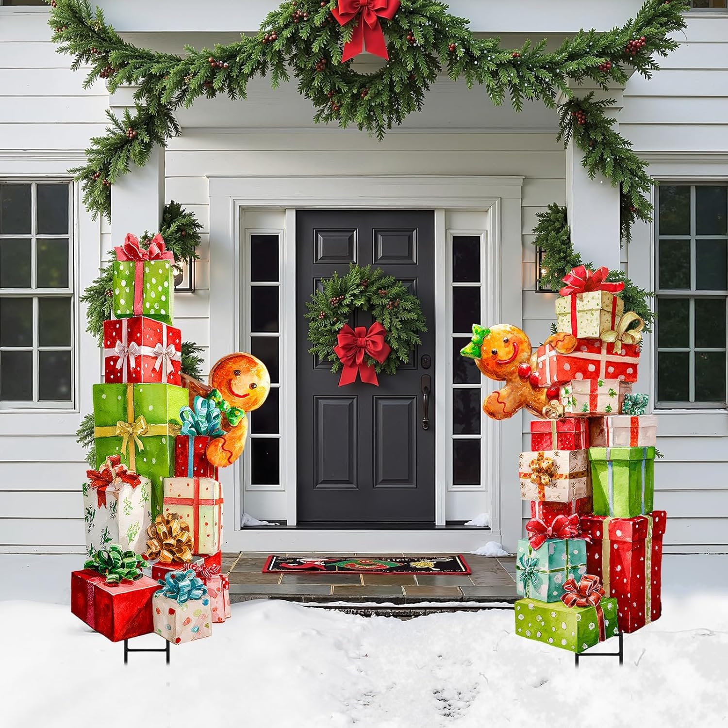 Extra Large Christmas Decorations Outdoor, 2pcs Colorful Gift Boxes Gingerbread Man Yard Metal Signs Stakes Xmas Decor for Lawn Front Door Garden Home Farmhouse Outside Party Winter
