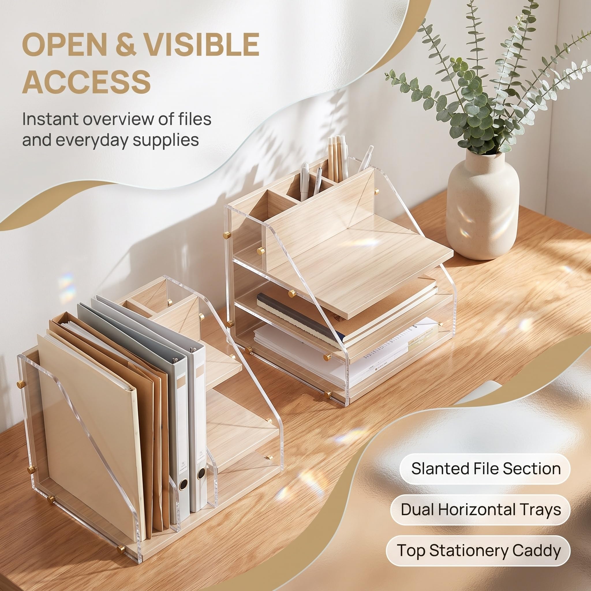 Organizador De Escritorio Multicapa, Portadocumentos De Acrílico Transparente Y Madera Con Compartimento Lateral, Estante Para Guardar Papeles De Escritorio Para Oficina, Hogar Y Escuela.