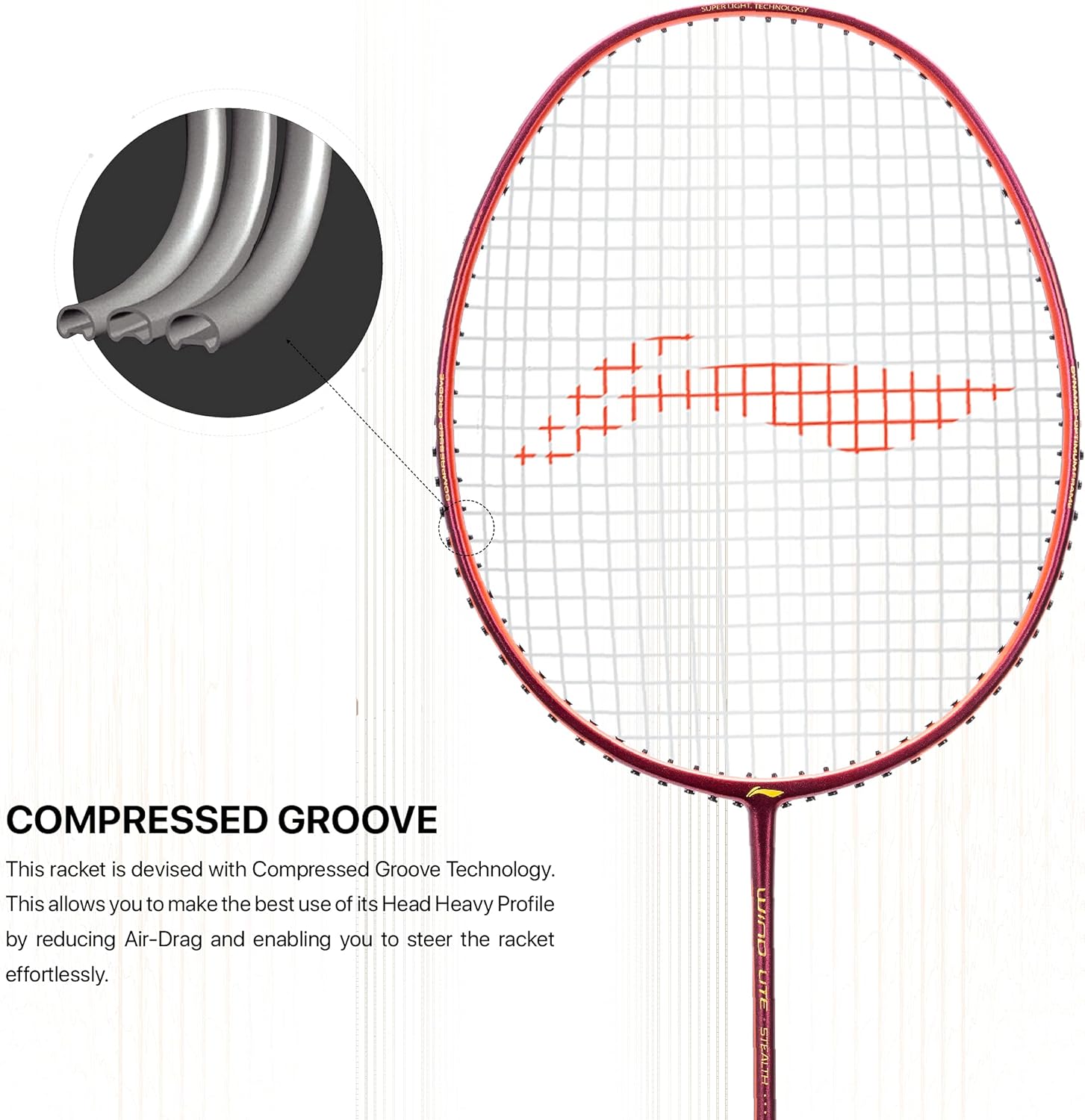 Li-Ning Wind Lite Stealth Carbon Fibre Strung(Wine / Orange Red) Racket With Free Full Cover