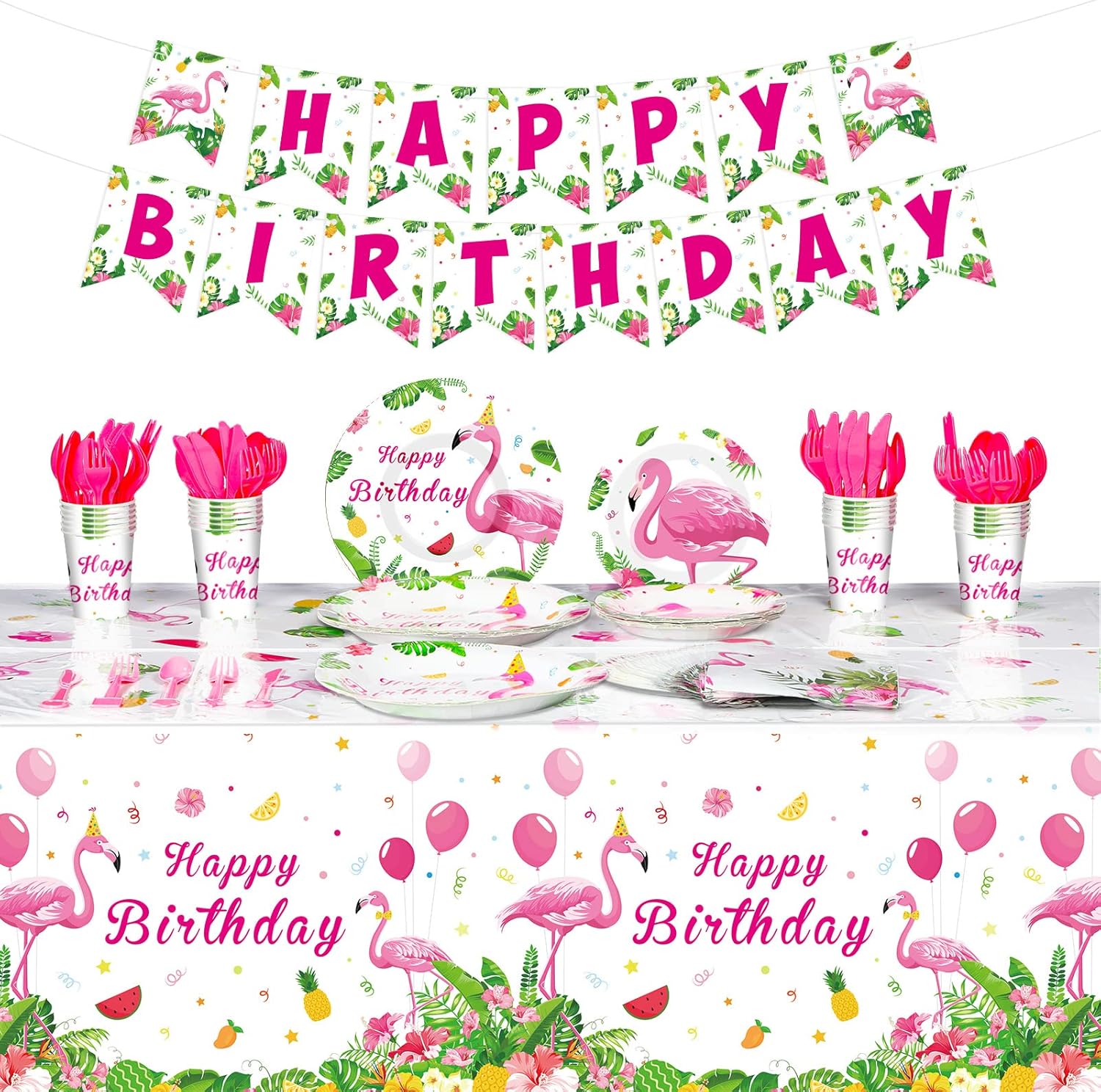 Tudomro 172 Pcs Flamingo Birthday Party Supplies Flamingo Party Decorations Include Hawaiian Tablecloths Birthday Banner Napkins Tableware Set for Summer, Serves 24