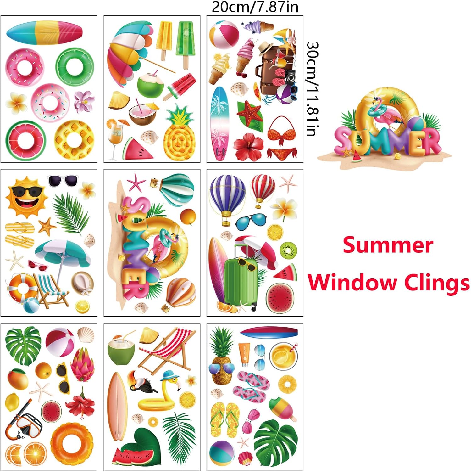 Summer Window Clings for Glass Windows Decorations 10 Sheets Double-Sided Stickers Beach and Tropical Theme Glass Decals