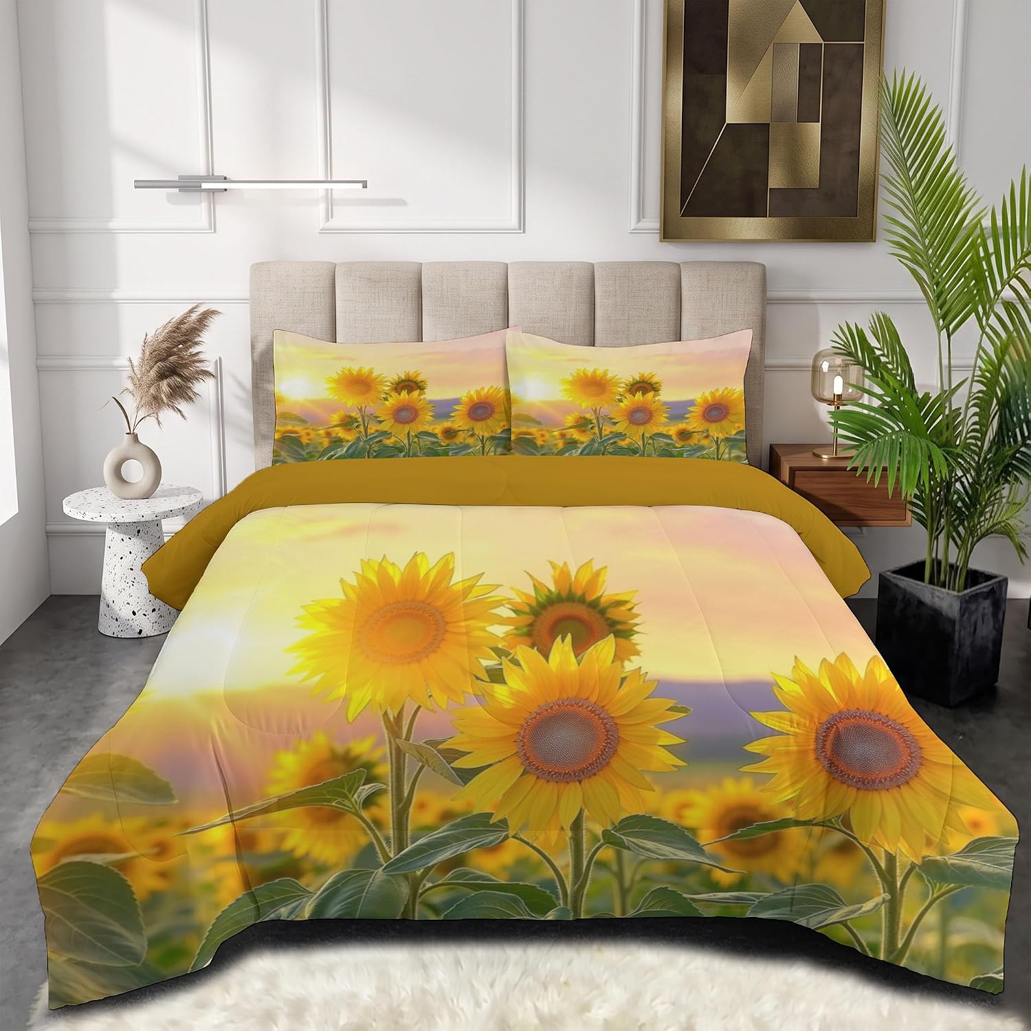 Spring Flowers Comforter Set King Size, Sunflower Fields in Full Bloom Bedding Set for Girls Boys, Bright Yellow Quilt Bed 104"X90" Bedding Comforter Sets with 2 Pillowcase Room Decor