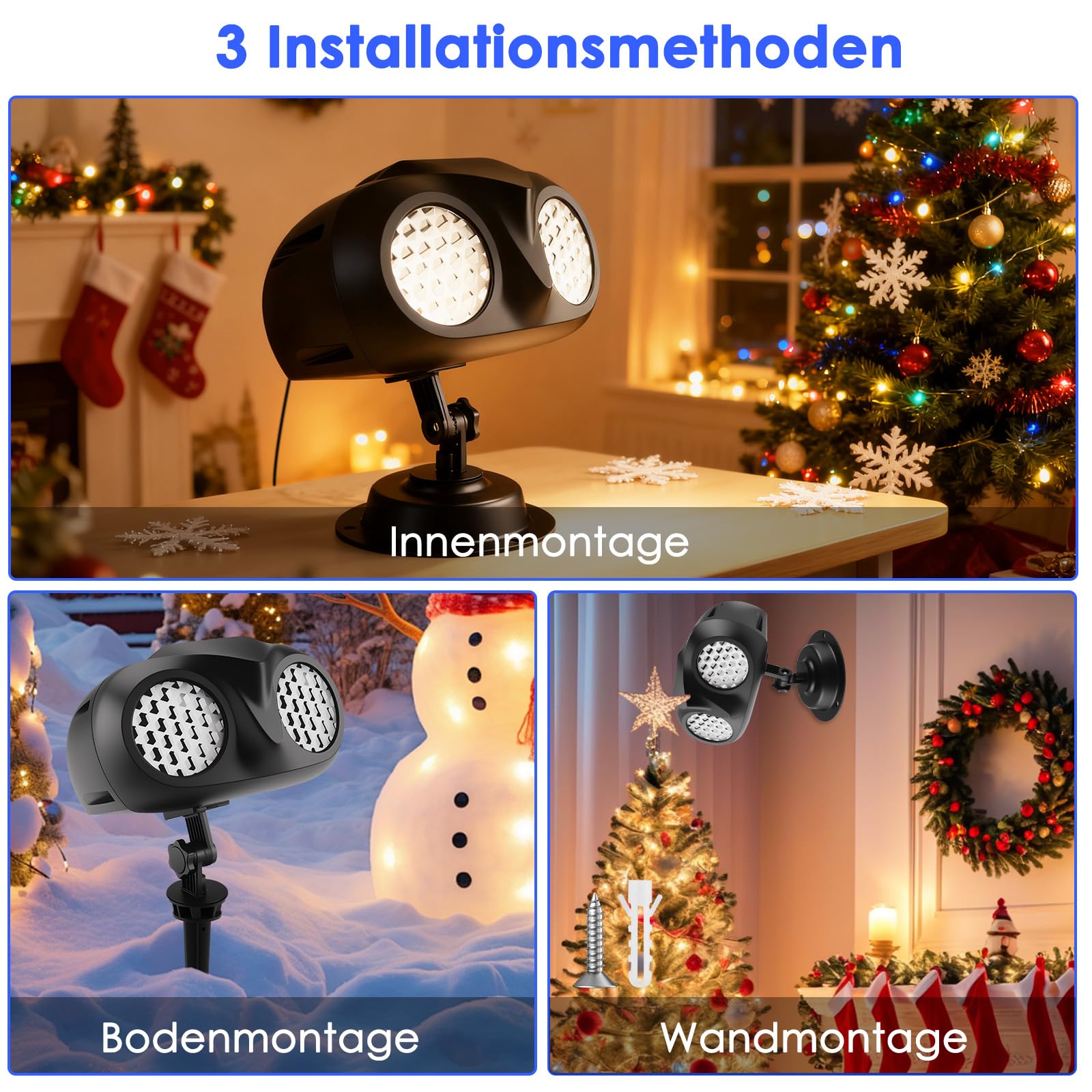 Projektor Weihnachten Aussen mit Doppelprojektion und Fernbedienung, LED Schneeflocken Projektor, für Weihnachtsdeko outdoor, Festivalveranstaltungen, Indoor, Party, Gartendekoration