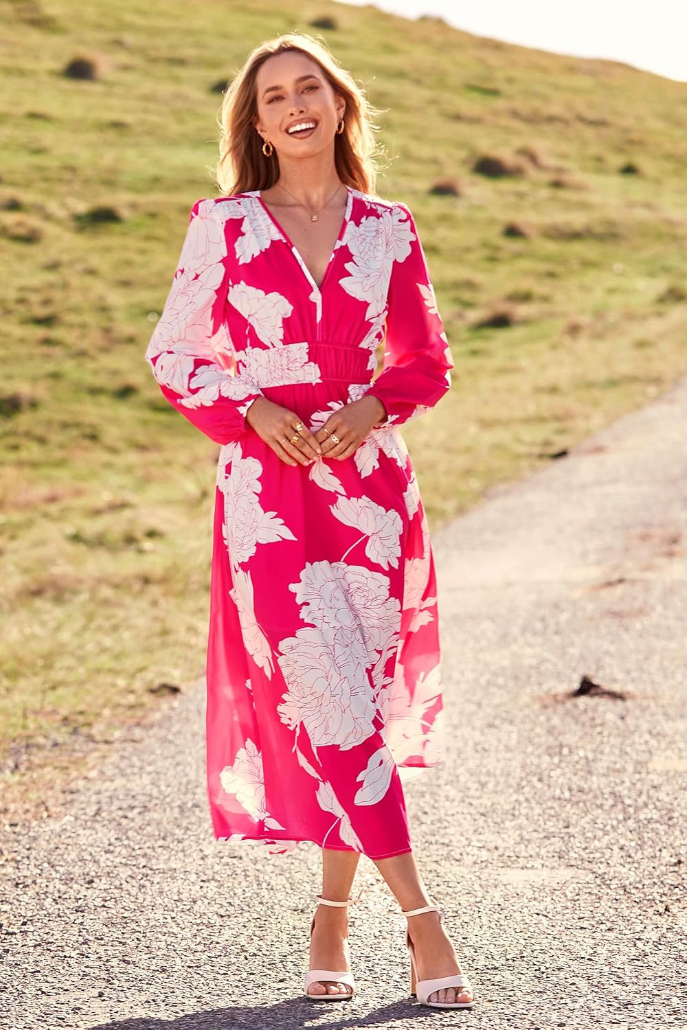 Floral Midi Dress for Women - V Neck Long Sleeve Flowy Casual Fall Dress — view 2