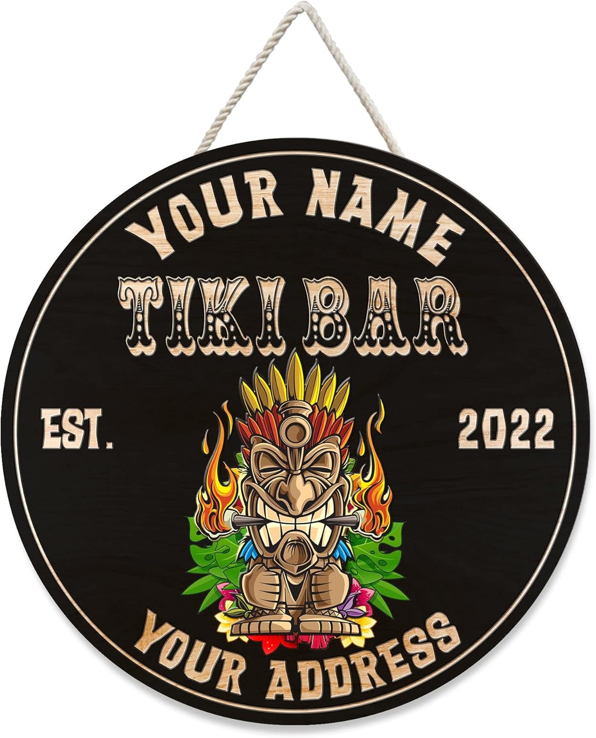 MeMate Tiki Bar Sign Outdoor Decor - Personalized Wooden Name Sign for Tiki Lounge, Backyard, Patio, Beach Bar, Party Decors - Custom Year Rustic Round Printed Wood Signs Wall Hanging