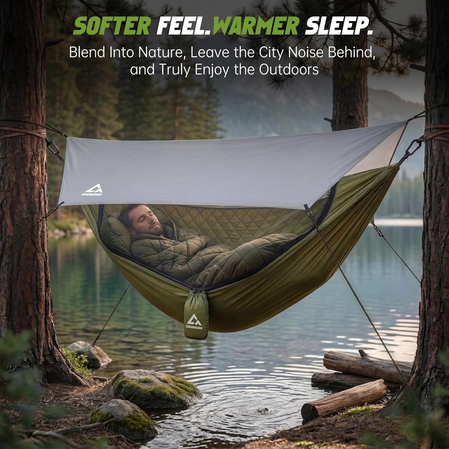 Camping Hammock with Mosquito Net with Built-in Underquilt - Built-in Quilt for Lightweight Soft Warm 4 Seasons, Great for Hiking Backpacking Camping Travel(Hold Up to 500lbs) - Olive Green
