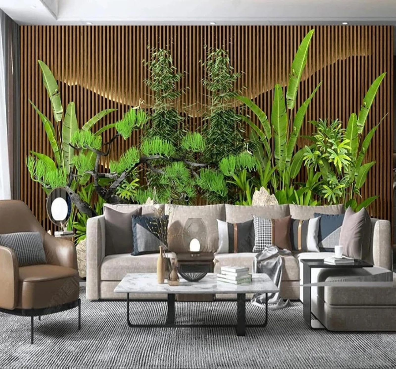XLMING Three Dimensional Wood Stripes Fresh Plants 3D Wallpaper Luxury Silk Study Dining Feature Sofa Grey Bedroom Living Room Tv Decorative Wall-250cm×170cm