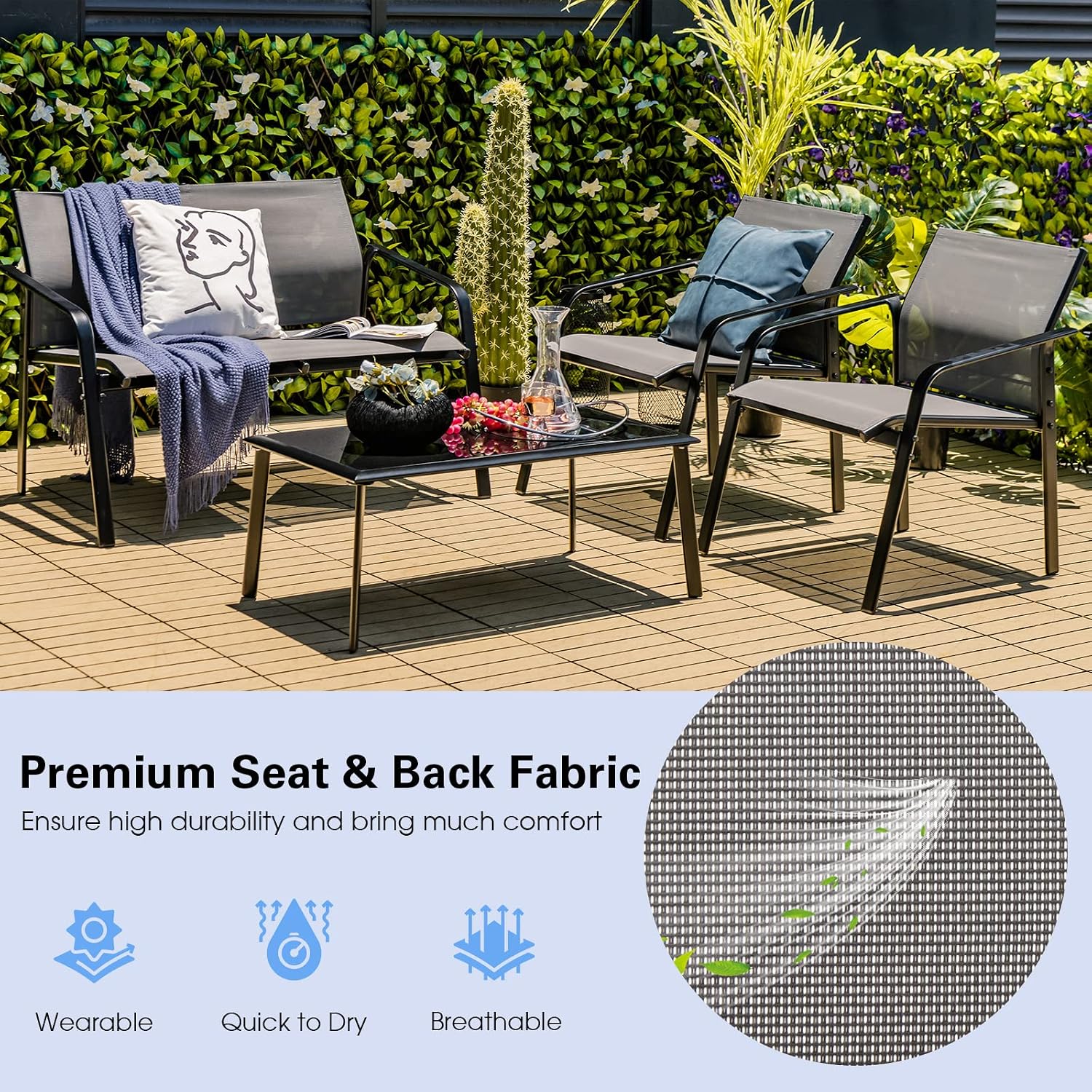 HAPPYGRILL 4 Piece Outdoor Conversation Set Patio Furniture Set, Breathable Fabric Single Chairs & Loveseat, Tempered Glass Coffee Table, Patio Bistro Set for Poolside Yard Garden