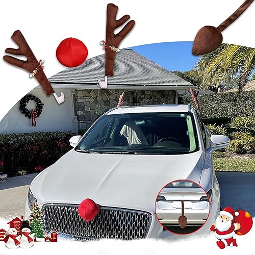 Miniatura 6 de Ajxn 4 piezas de decoración de cuernos de automóvil, cuernos de alce, lindos adornos de Navidad de tela suave con cascabeles, juego de cola de nariz