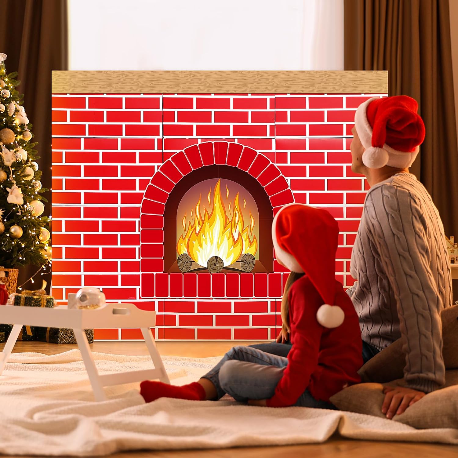 3D Artificial Red Brick Cardboard Fireplace 39 x 35 Inch DIY Christmas Fireplace with Fire Flame Wood Grain Cutouts Fake Backdrop for Christmas Party Background Decor