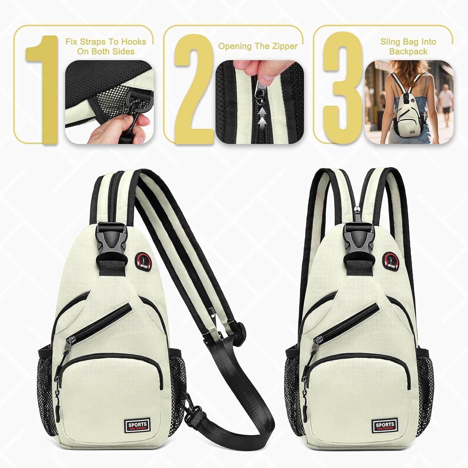 Convertible Sling Bag with Coin Pocket, 7.9" Tablet Crossbody Mini Backpack with Headphone Jack Casual Pack for Women Men Travel, White - Image 5