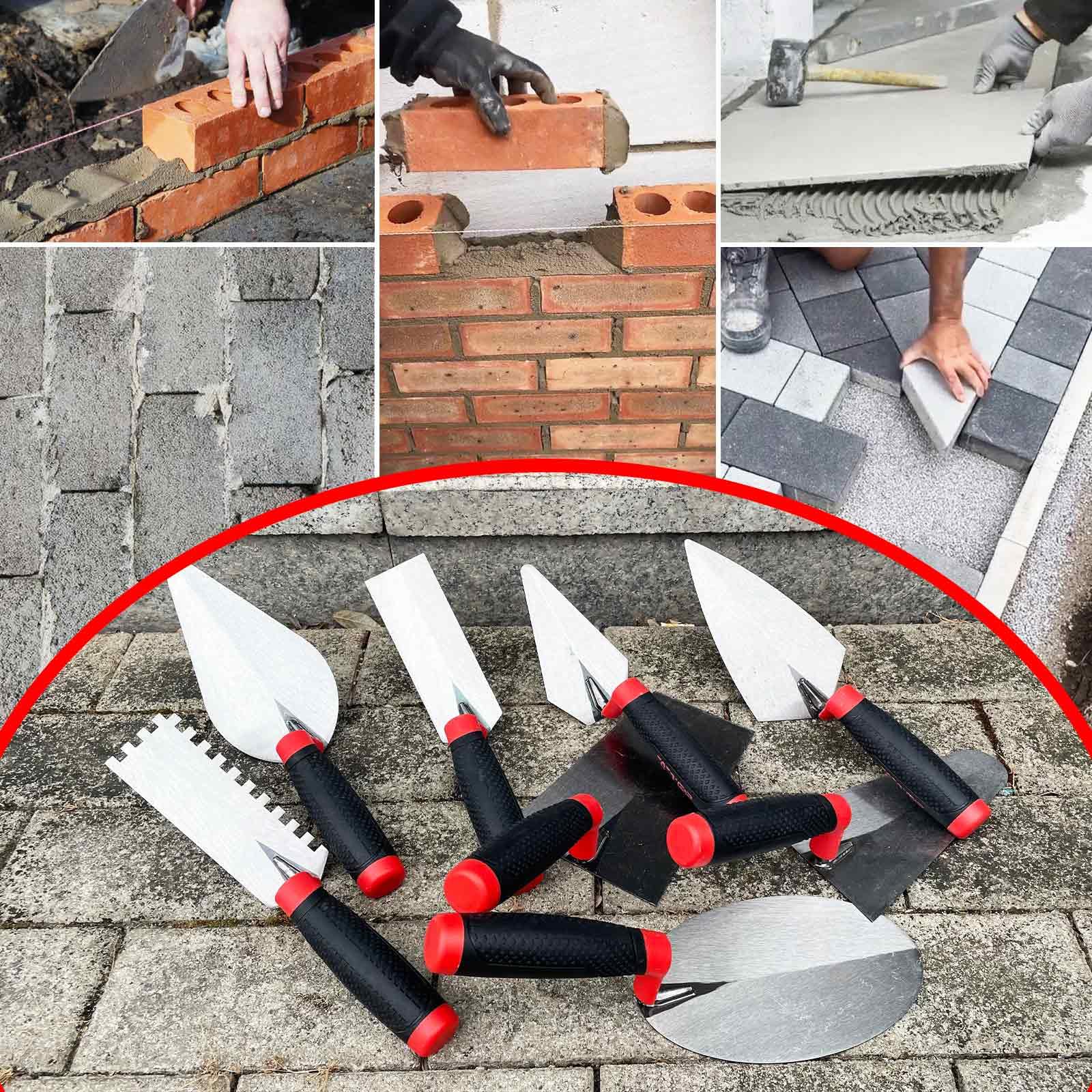 Juego de 8 herramientas de mano para mampostería, 3 palas de ladrillo, 3 paletas de margen, paleta de calibre de 7 pulgadas y paleta de cubo de 7 pulgadas, herramienta manual de albañilería