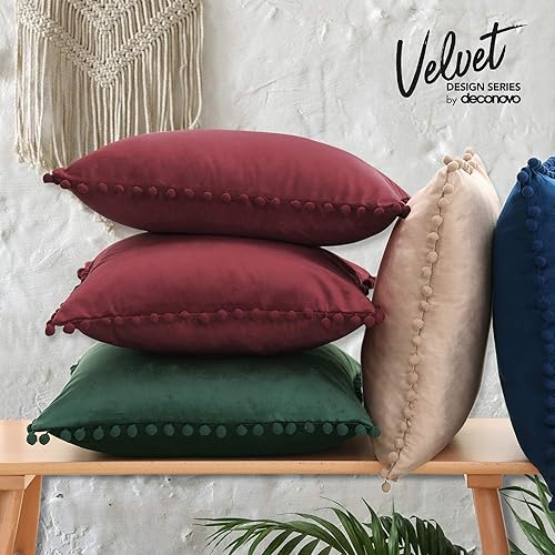 Vista 155 de Deconovo Juego de 2 fundas de almohada de terciopelo, 20 x 20 pulgadas, color verde azulado, cuadradas, con pompones, suaves, con cremallera
