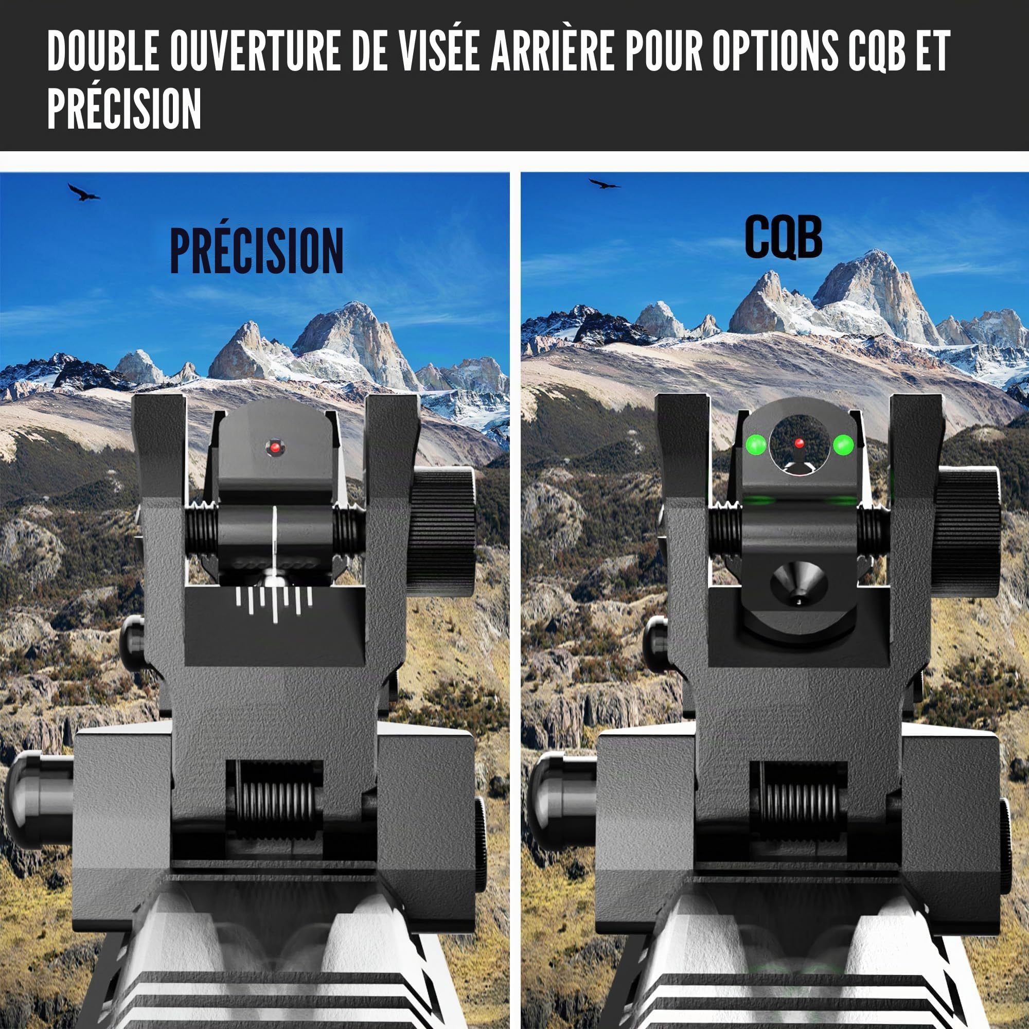 Visiofire Viseurs en fer à fibre optique pour rail Picatinny | Viseurs de recul avant et arrière avec points rouges et verts | Viseurs arrière réglables sans outil | Viseurs à fibre optique pop-up à