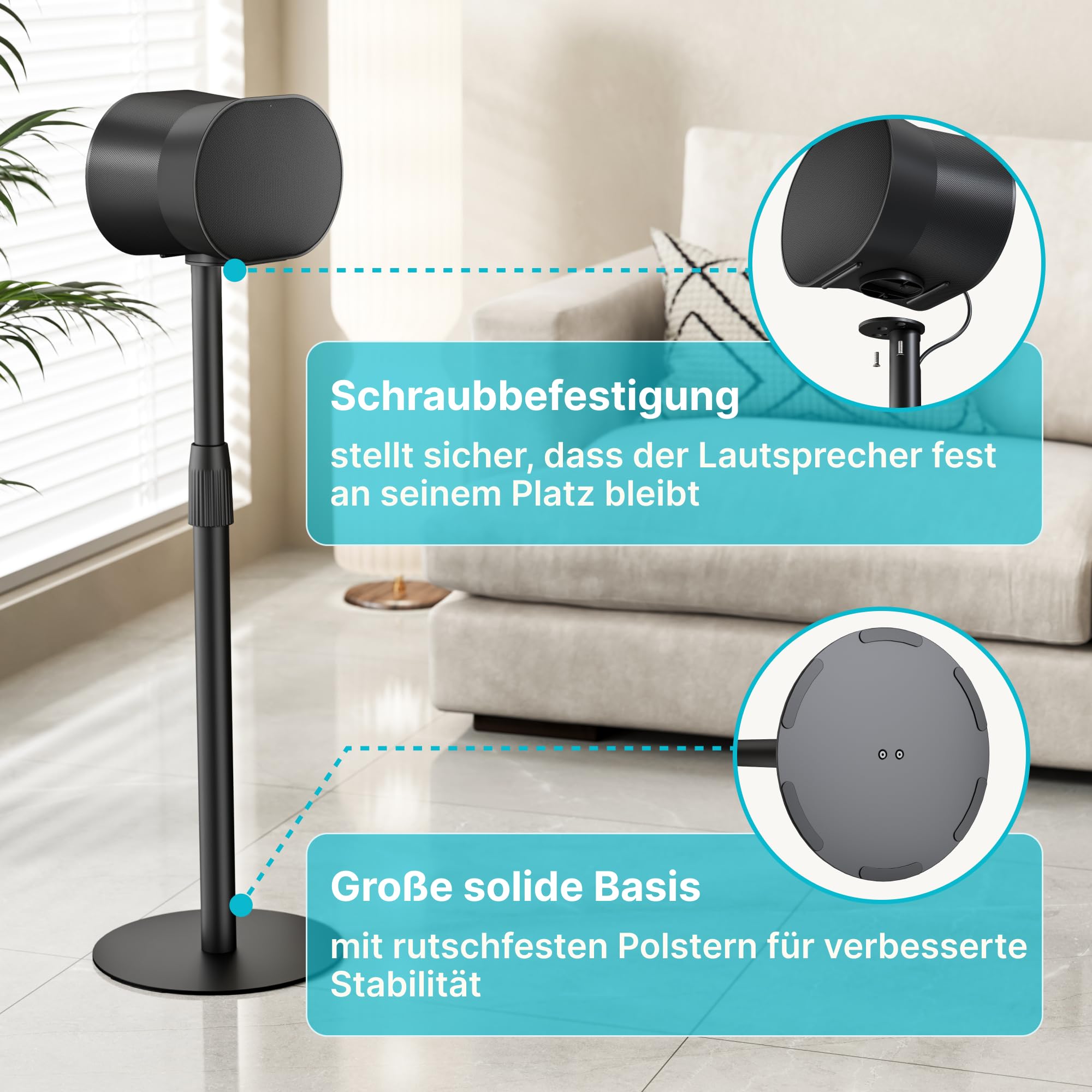 PEGZONE Höhenverstellbare Lautsprecherständer kompatibel mit Sonos Era 100&300, 68,2-106,8 cm, 5 kg Traglast, Anti-Rutsch-Basis Ø 30 cm, Schwarz